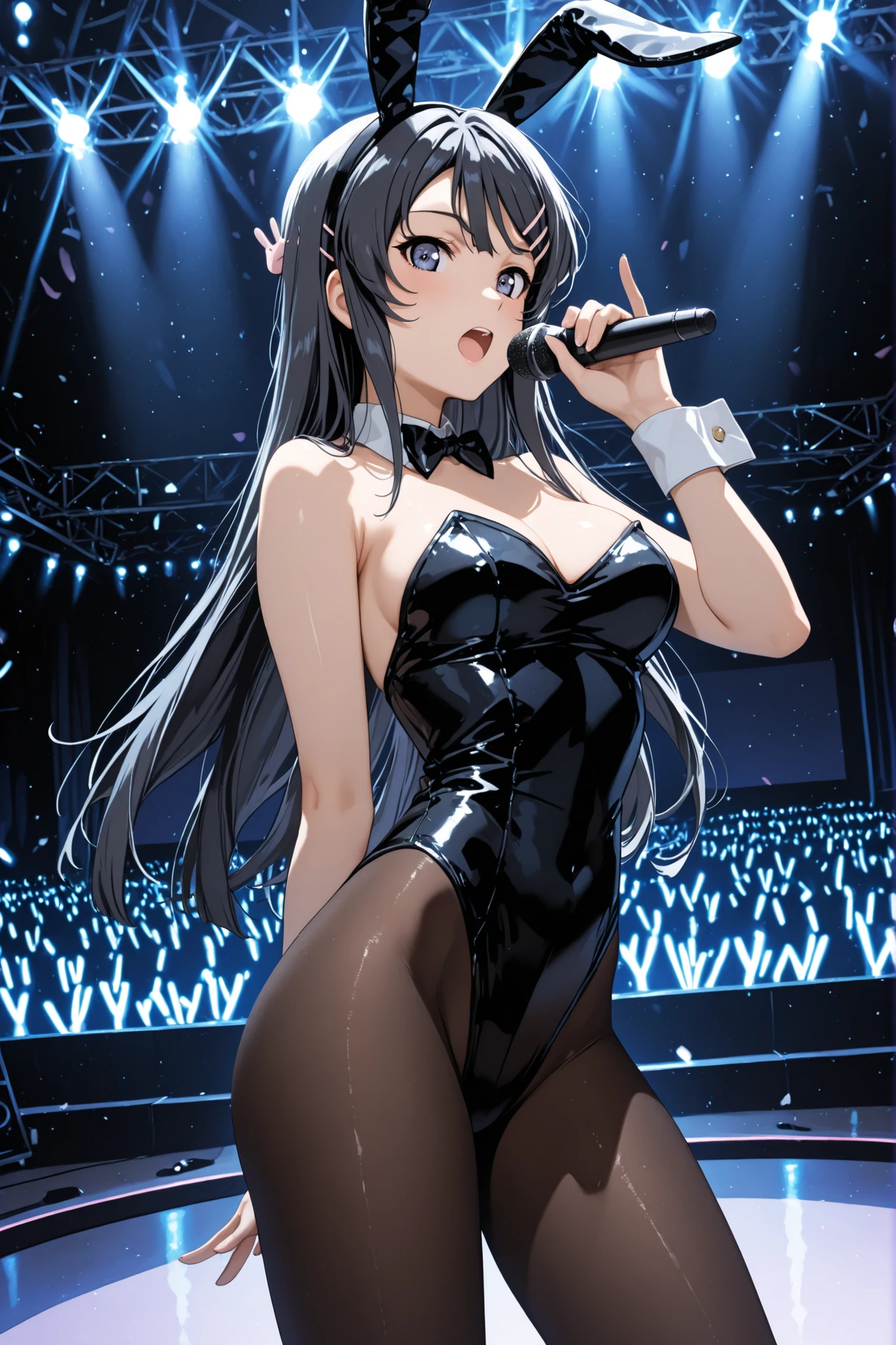 (A superb exquisite Chitanda Eru), (mature face), intricate details, (finely detailed beautiful eyes: 1.2), purple eyes, long black hair, natural straight hair, straight bangs, solo, [Small_breasts: large_breasts: 0.5], extremely delicate, peerless beautiful girl, dreamy quality, solid color, bright lips, slender waist, straight curves, soft lights and shadows, super fine, 8K HD, (masterpiece:1.4), (((sexy smile, recording studio, with headphones on, singing, fashion clothes, idol dance)))
