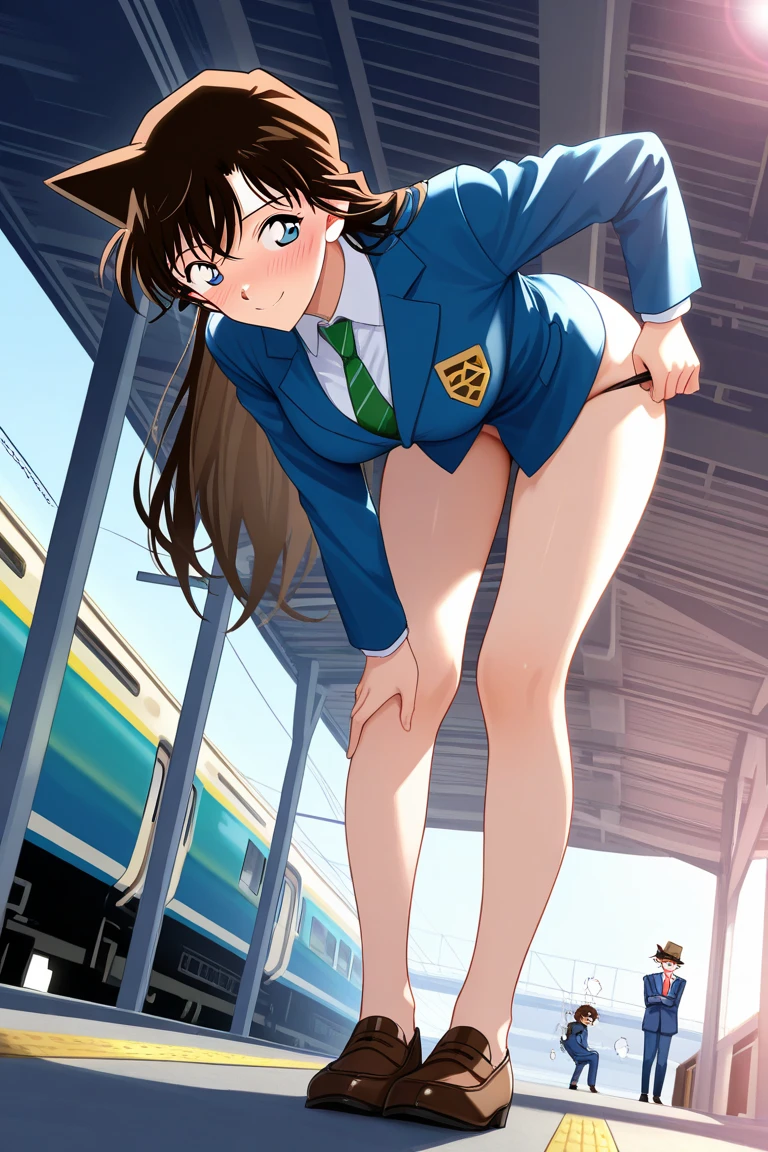 ((masterpiece)),((best quality)),ultra-detailed,illustratio,Explicit,nsfw,Beautiful body,Beautiful Nose,Beautiful character design,perfect eyes,perfect face,wallpaper,ultra highres,4K,photography,(Beautiful, large breasts:1.2),(beautiful face:1.2),(beautiful legs, perfect legs),(meitantei conan \(style\), detecive conan \(style\), meitantei conan),shiny skin,anime screencap,official style,Mori Ran,(black hair, long hair, wavy hair),1girl,solo,necktie,skirt,blue eyes,jacket,green necktie,pleated skirt,white shirt,black jacket,collared shirt,shirt,blazer,long sleeves,black skirt,miniskirt,bangs,wing collar,wearing white panties,BREAK,glaring,standing,angry,contemptuous,disdain,disgust,open stance,lift skirt,show panties,upper body,from forward,looking at viewer,on the train