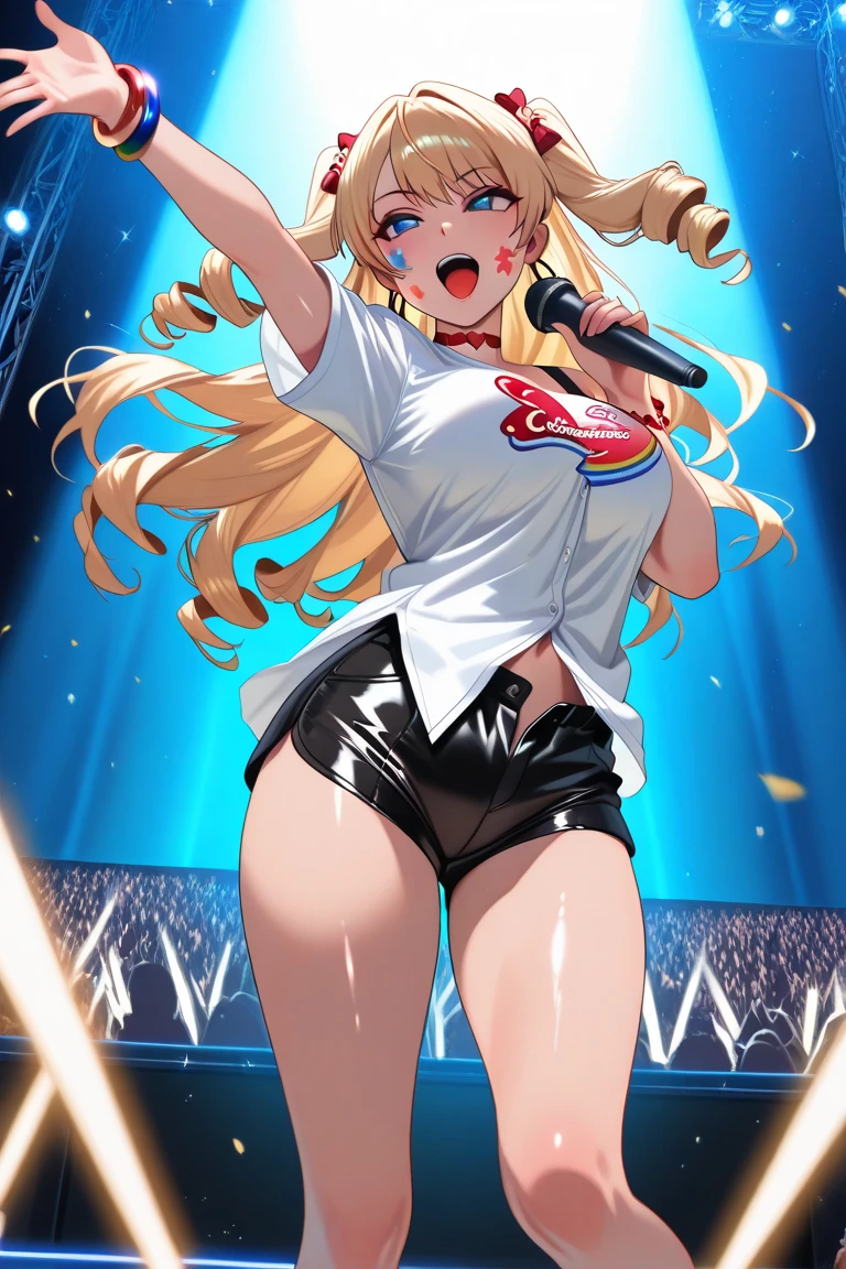 best quality, intricate detailasterpiece:1.2, best quality:1.2, beautiful, high quality, highres:1.1, aesthetic), detailed, extremely detailed, ambient soft lighting, 4K, perfect eyes, perfect face, perfect lighting, 1girl, solo, huge breasts, huge ass, huge thighs, narrow waist, wide hips, thick thighs, curvy, Oshinoko drawing, standing, looking at viewer, Ruby Hoshino, focus on beautiful women, perfect beautiful female solo, solo woman, long, golden hair, beautiful face, perfect hands, red starry eyes, tight shirt, skirt, detailed lighting, idol, gloves, tongue out, tongue, long hair, star \(symbol\), looking at viewer,  hair ornament, :p, symbol-shaped pupils, hands up,hands in the air, jumping, mini skirt, (exposed midriff,) (underboob,) bouncing breasts, collar, blushing,sweating, (breathing hard), (panting), anime, farm, smile, huge ass, huge breasts, huge thighs, narrow waist, wide hips, thick thighs, curvy, bangs, one side up, star-shaped pupils, on stage,