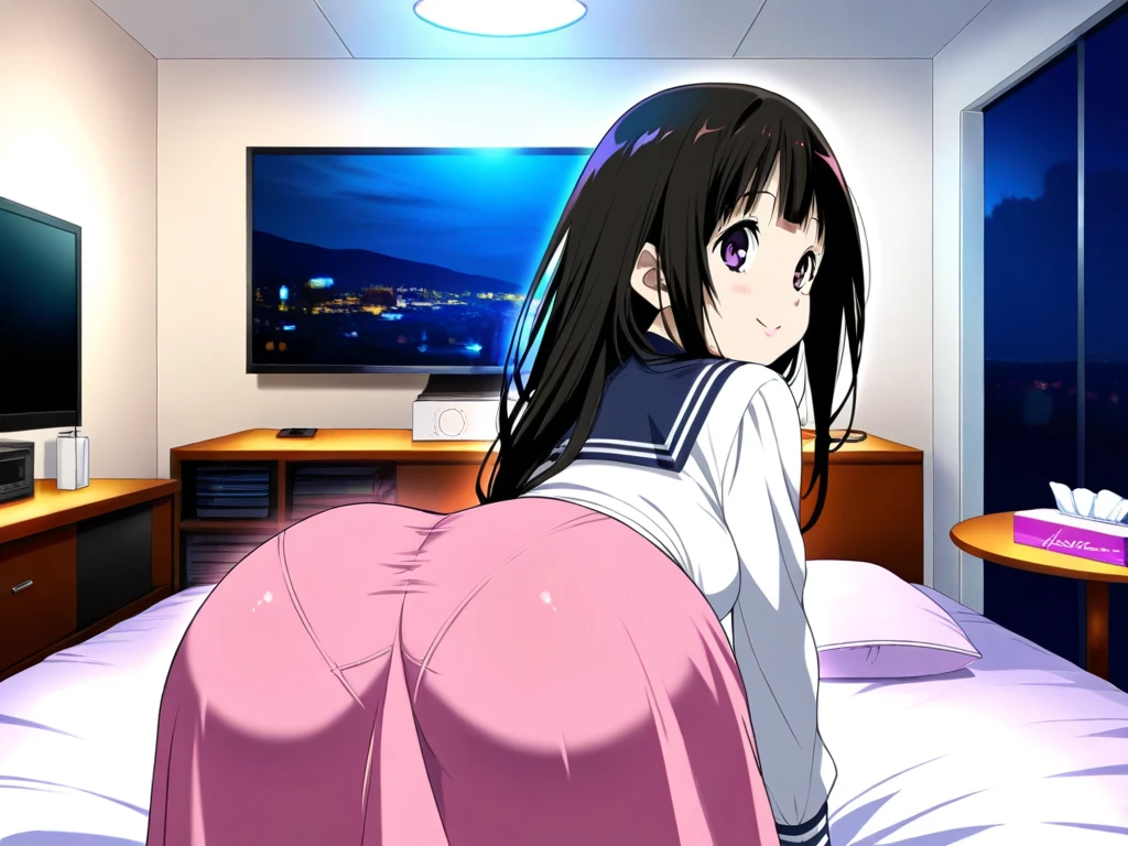 Shinjuku skyscraper district full moon night big moon elementary school girl 8-year-old flat chest black hair long hair eyes are purple ((1 person)) Cardigan on top of white long-sleeved sailor uniform Lower body navy blue