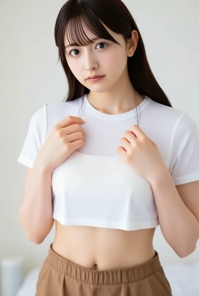 A woman in her 20s with both hands on her stomach. Black hair. She looks troubled by her stomachache.