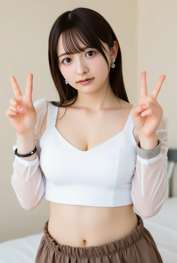 A pretty girl with perfect figure,(Lori,14years,150cm), (Lori,white  leotard), Very small breasts,straight haired,Stand in the ring of professional wrestling,extremely detailed face and skin, Detailed eyes, Double eyelids,Pose with hands on hips,long wrestling boots,shairband,Lace gloves,Less muscle,skinny thigh,Nogizaka46,Grinning smile