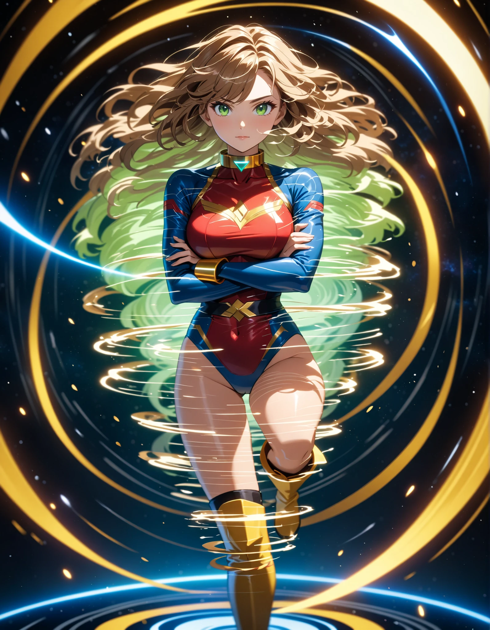 (masterpiece), (best quality), (high res), 1lady, tall body, beautiful detailed eyes, beautiful detailed face, serious, perfect hands, complete fingers, perfect anatomy, perfect proportions, ((brown hair, medium hair)), ((green eyes)), ((leotard, red leotard, matching leotard)), ((white dress collar, open collar)), ((bare legs)), ((boots, matching boots, ankle-high boots, red boots)), breasts, medium breasts, (full body portrait), looking at viewer, (solo, solo focus), cowboy shot, space backdrop, ((yellow V (symbol) on chest)), ((red leather jacket, open jacket)), full body costume design. ((raised arms, (spins fast) in place like a (tornado), raised arms, (legs together), (she spins) at an incredible speed, creating a whirlwind of air around her, cyclone spinning)), ((spiral lines, spinning energy pulse around her)). Curved Sword Slash.