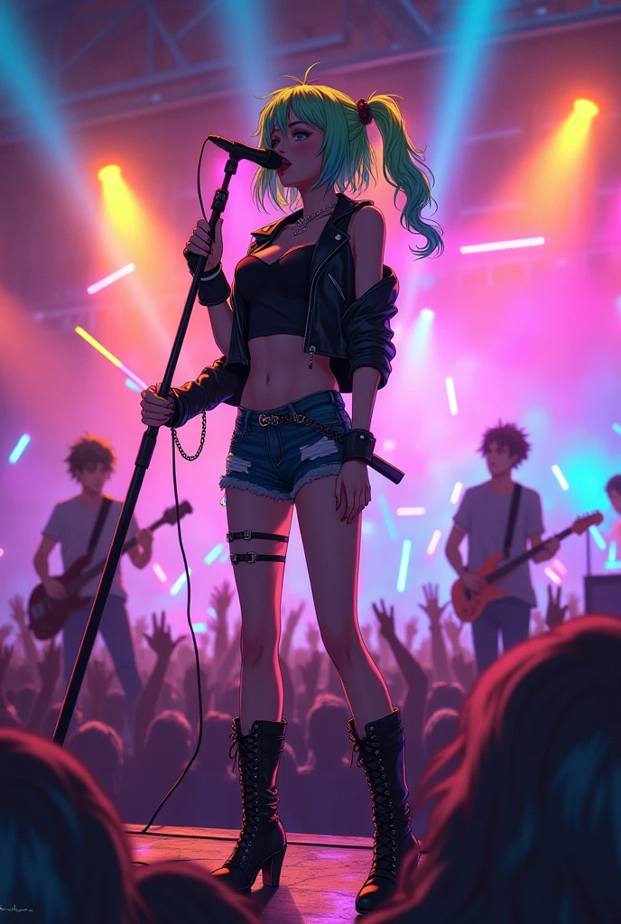 ((masterpiece, best quality)), 1girl, medium size breast, ((white panties)), ((electric guitar)),  ((playing guitar)), holding guitar, wet hair, green hair, ((wet)), city street, ((rain)), ((night)), neon lights, skyscrapers, crowd, people, closeup, wide angle view, colorful, vivid colors, green electric guitar in hands,