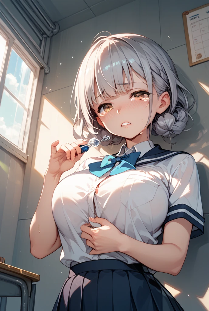 masterpiece, best quality, ultra-detailed, detailed, detailed skin, sharp focus, absurdres, 8k, digital art,
<lora:Siesta:0.72>, white hair, blue eyes, short hair, bangs, medium breasts,
1girl, head tilt, looking at viewer, full body, (oversized shirt, shirt:1.32), white skirt, white bowtie, (plaid skirt:1.1), <lora:fashigirl-v5.4-lora-64dim-naivae-5ep:0.4>,
((sweat, wet shiny skin,(shiny skin:1.1),oiled skin),open mouth, tongue out, disgust,
mature female,big breasts,
ulzzang-6500-v1.1:0.7, <lora:overshirt:1> <lora:JKskirt_v0.55:0.4>