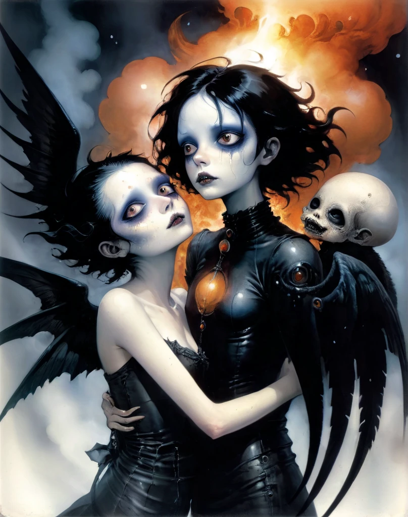 High Resolution, High Quality , Masterpiece .Hyper-realistic ink drawing with surreal colors, elements of absurdity in the style of Gerald Brom featuring post mortems aflame as a reference to tim Burton,bloodletting, broken hearts, pillls, and hemoglobin bubbles ascending into a firie sky, chiaroscuro lighting enhancing symbols of departed love, a Ufo adorned with angels emitting an air of melancholy, atmospheric mood. Macabre horror,scary stories slight details, surrealism, expressionism
