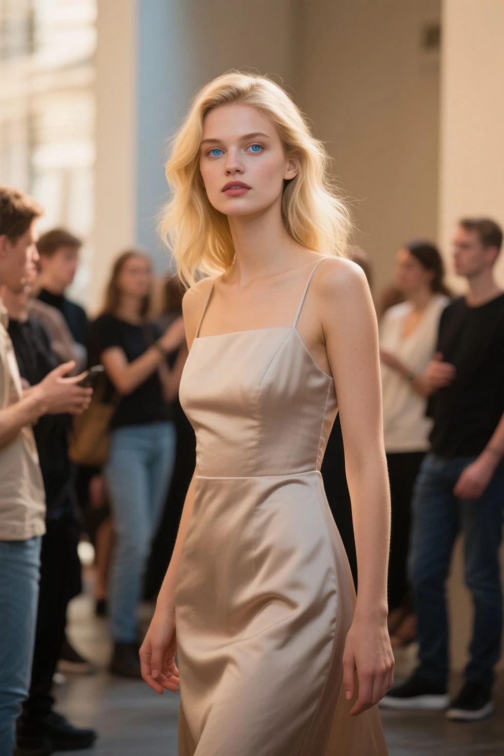 The influencer is at an exclusive opening event for a contemporary art gallery, where her presence is synonymous with elegance and refinement. With her tall stature and model-like body, her blonde hair is elegantly combed, and her blue eyes shine with curiosity and admiration as she observes the works of art on display.

For the occasion, she has chosen a chic and avant-garde outfit that highlights her unique and sophisticated style. She is wearing an elegant fitted dress that shows off her slender figure in a subtle and elegant way. She complements her look with minimalist and modern accessories that enhance her natural beauty without overshadowing the artistic atmosphere of the event.

While she tours the galleries and admires the works of contemporary artists, the influencer interacts with other guests and shares her enthusiasm for art on her social networks. Her soft smile and positive attitude reflect her passion for culture and creativity, inspiring her followers to explore new forms of expression and appreciate art in all its manifestations.

Her ability to combine her love of fashion with her interest in art makes her a versatile and admired figure, capable of standing out at both glamorous events and occasions that celebrate creativity and innovation.