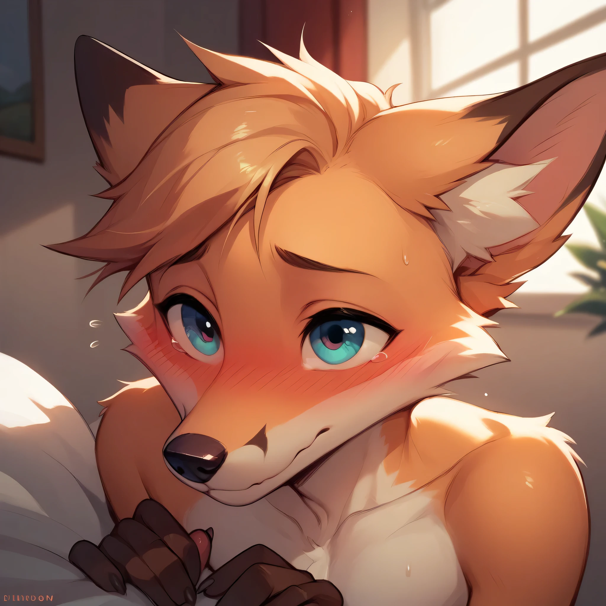 Furry anthropomorphic boy fox, slim, shy, cute and blush