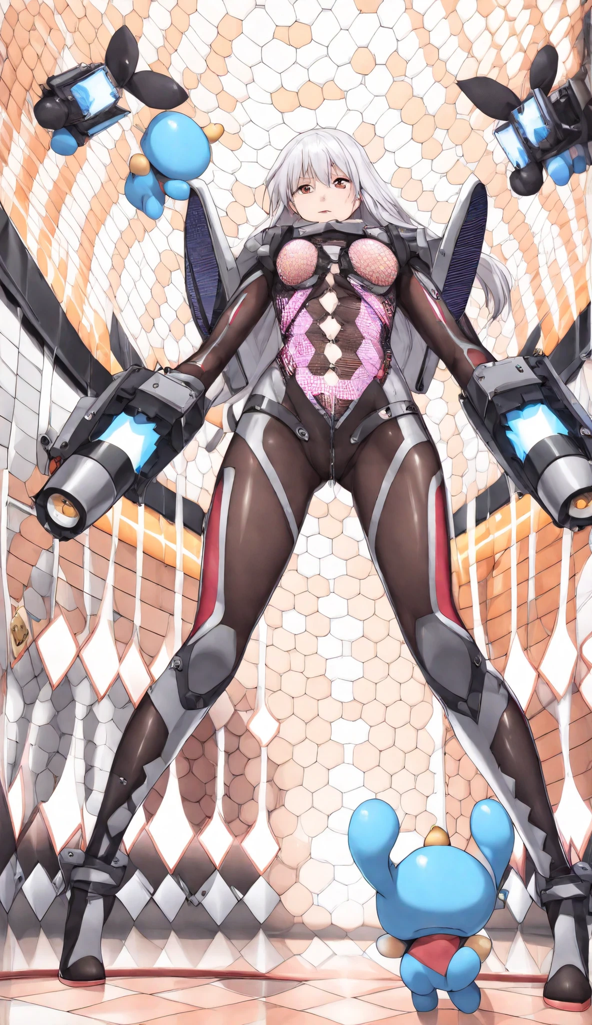 ((girl, Mecha)), glowing eyes, delicate face, broken armor, Mechanical aura, Mechanical arm, white hair, long hair, Ceramic body, Thigh gap, Small chest, Internet background, Very good city, (translucent, Reflective Skin), 8K, best quality, Super detailed, (Surrealism: 1.4),