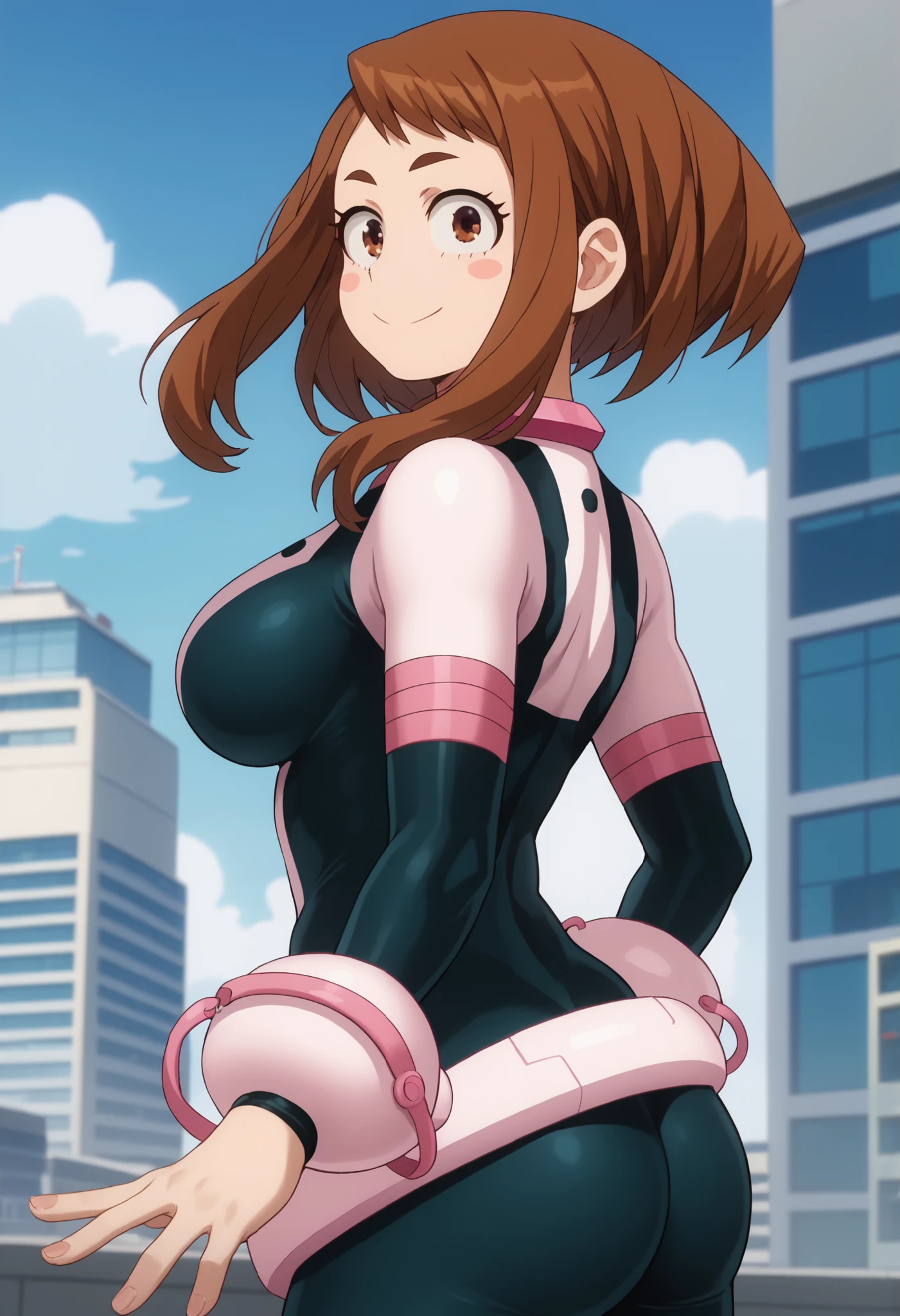 official style,anime screencap, uraraka ochako, 1girl, brown hair, brown eyes, solo, superhero, hero bodysuit, pink belt, pink wrist guards, closed mouth, contrapposto, extra large breasts, (F75), peace sign smile, blush stickers, Rear view, Sexy plump ass, Looking over the shoulder, looking at viewer, Sexy style, Sexy pose, seductive look, Standing on the roof of a skyscraper, Sunny day,