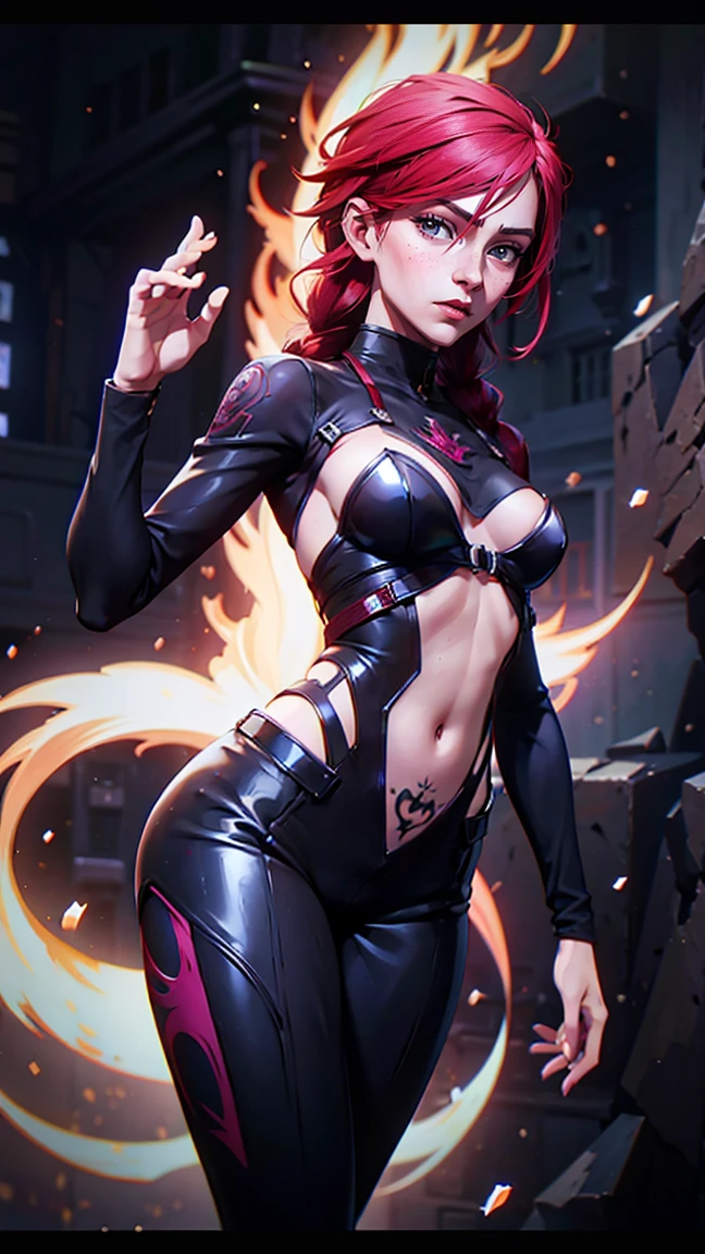Marvel Fantastic Four，Latina Adult Model Daisy Marie as the Female version of Thunder Fire，Fly in the sky，angry look，The whole body is on fire，flame magic，The body was on fire🔥，The body glows and heats，The flames spread，The fire burst into the sky，Fire，Burn characters，The fire magic effect is fired on the hand，Mixed Chinese and American races，The background is blurred out，focal，Movie Lighting，(((tmasterpiece))), ((best qualtiy)), ((Complex and detailed)), ((Ultra-realistic realism)), Ridiculous resolution, A MILF, Mature woman, ssee-through, highly  detailed, illustratio, 1girll, (34dd-cup breasts), Thin waist and thick hips，long leges，beatiful detailed eyes, short detailed hair, flaming hair, a purple eye, (Superhero uniforms:1.2), seminude，tightsuit，Sexy and feminine，perfect bodies，Sexy attire，Human flashlight，（No underwear），pantiess, detailed back ground, perfect  eyes, Seductive eye, （nice hand），Detail hands，looking at viewert，From the front，Wear light，（Fantastic Four），
