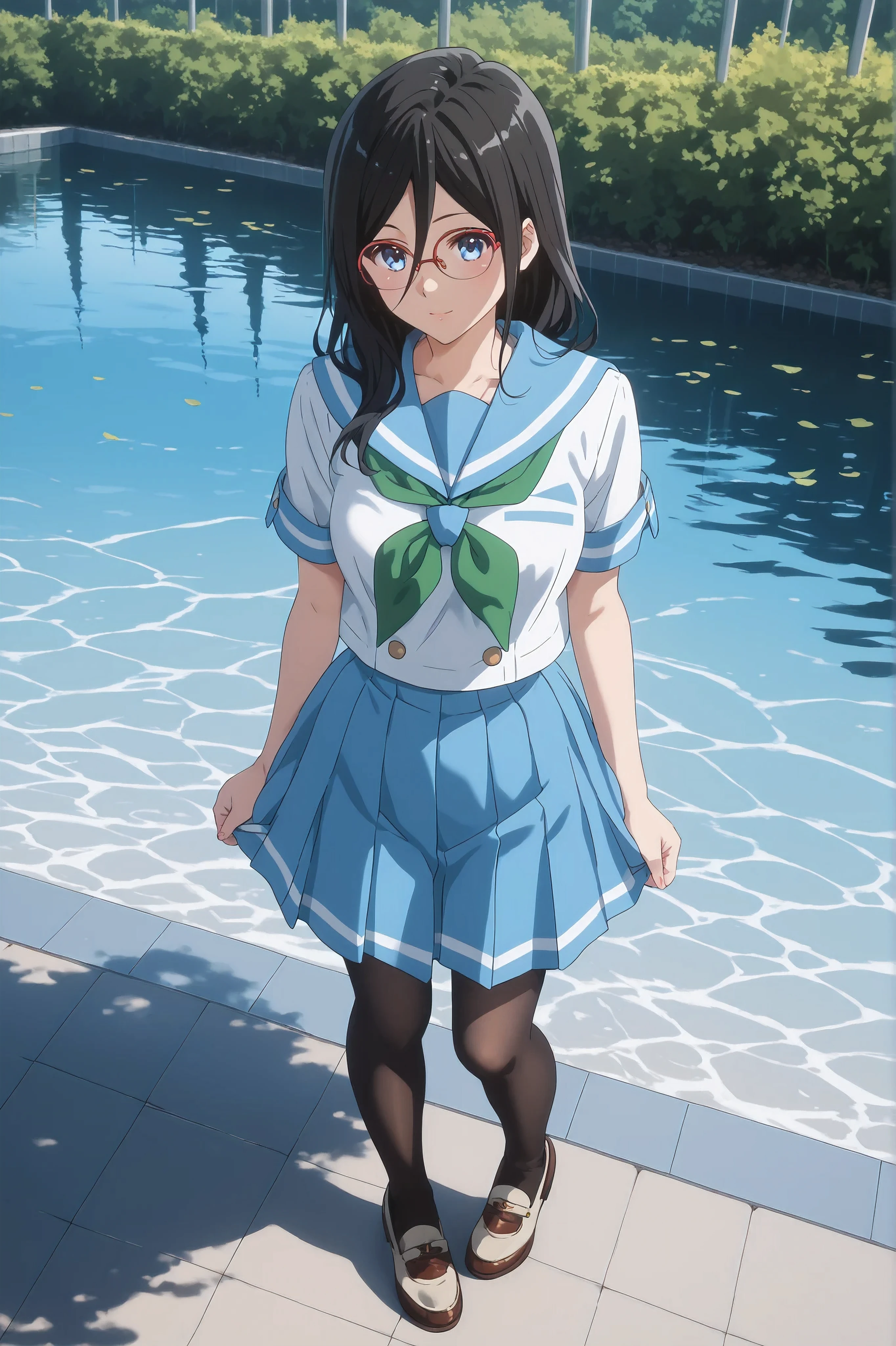 ((inspired by Asuka Tanaka:1.2)),(inspired by Kyoto Animation Style),(masterpiece, best quality),beautiful, beautiful-woman, ((detailed face)).(full body:1.3).,
((black hair)), glasses, blue eyes, long hair, over-rim eye-wear,cowboy shot, semi-rimless eye-wear, between eyes .(red-framed glasses:1.2),
The woman is wearing school uniform and black pantyhose,she is wearing a light-blue sailor-school-uniform with a green neckerchief and a light-blue skirt, sailor collar,half sleeves,brown loafers..
1-woman,