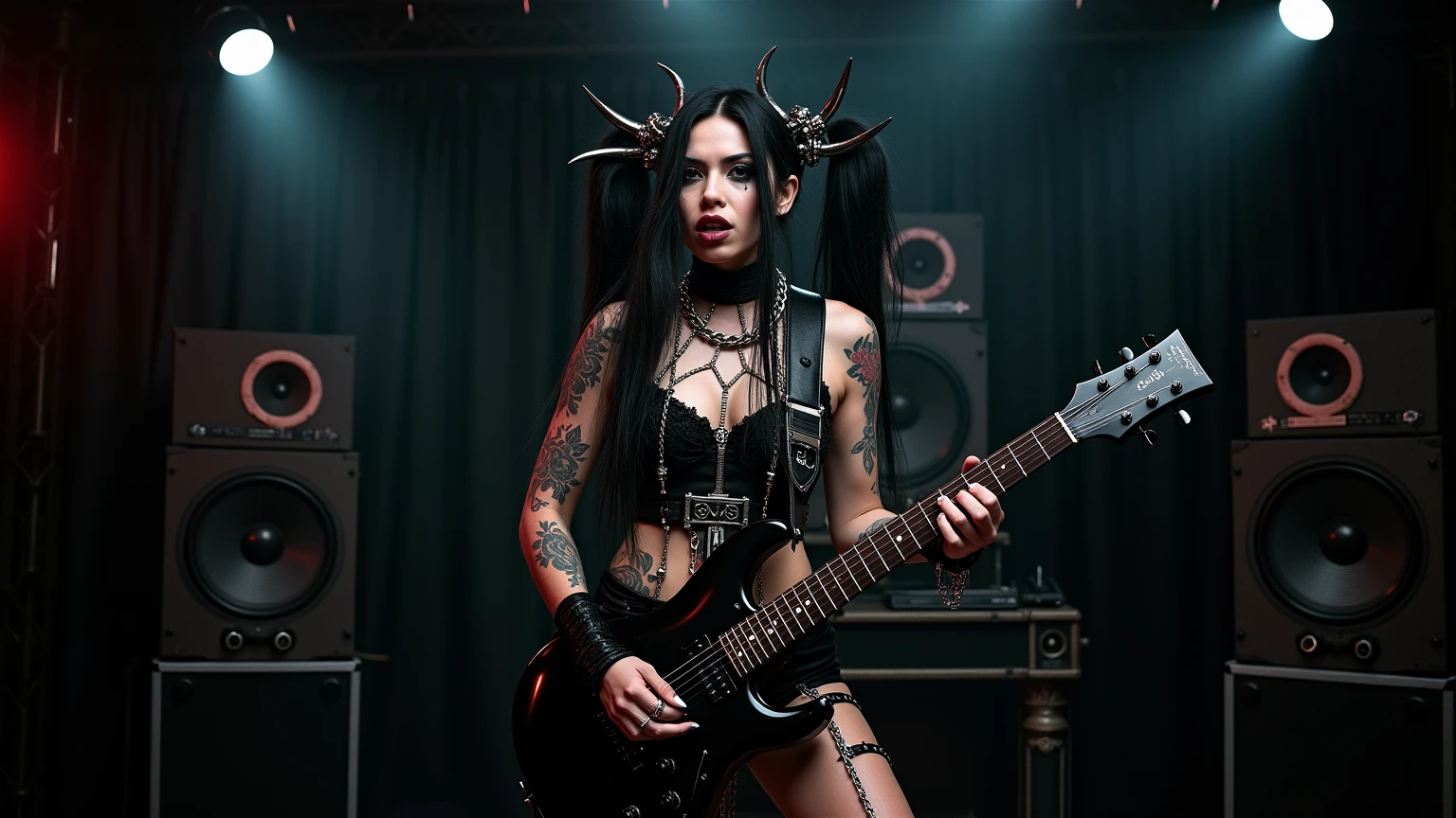 Beautiful sexy gothic girl, with a lot of tattoo on drum set