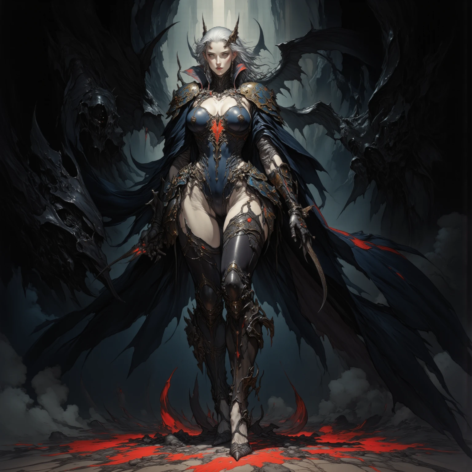 a fantasy image, a cave full of bones and skulls, it should show a faint moonlight, in the center of the image there should be a woman with long bat wings and long horns, the background should be a clear night sky with a moon red behind.