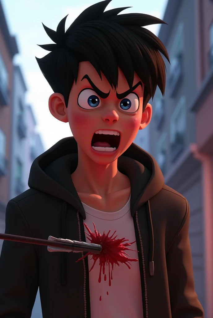 A boy with demonic wings is wearing a hero suit,Mouth wide open to express pain,profuse sweat and drool,,Showing strength, A well-trained body like a bodybuilder,Red shirt and navy blue hoodie,