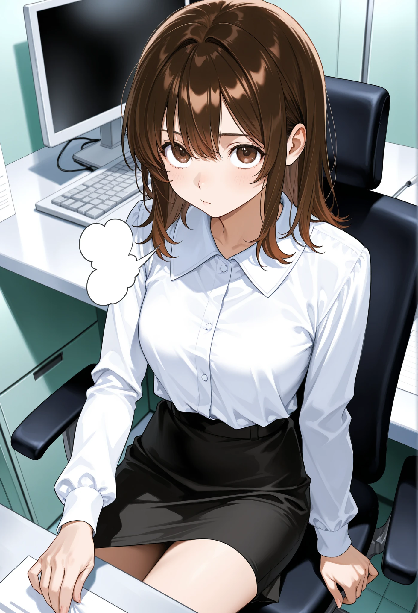 brown hair medium、office、desk、computer、white long sleeve collared blouse、brown eyes in the bedroom、black skirt、chair in the left hand examination room、 sigh、I'm astonished、Looking up