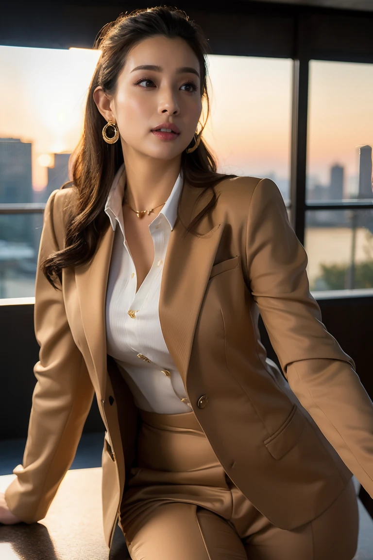 ((Highest quality、Ultra-high resolution、masterpiece))、(Full Body Portrait)、Light Brown Blazer、(Business shirts)、(Light brown long skirt:1.3)、(silk pantyhose)、High heels、(When sitting, both legs look beautiful.)、1 girl、(Large Breasts)、(Perfect Anatomy, Perfect body, Perfect hands, Perfect Face, Perfect Eyes, Accurate, Anatomically correct), Perfectly clear and sharp focus, ((Highest quality、Ultra-high resolution, masterpiece, Ultra-realistic))、Modern architecture at night on the background、Professional Lighting