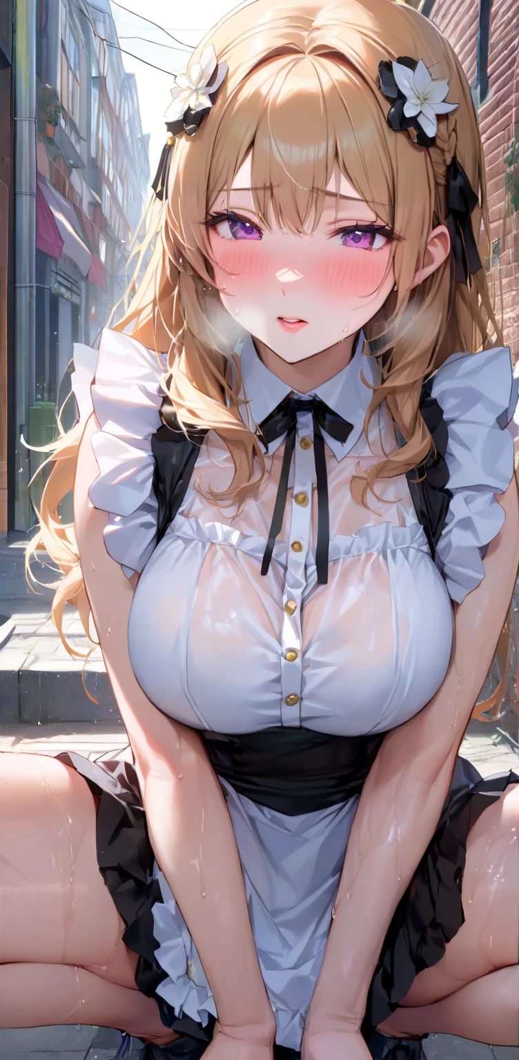 ((highest quality、High resolution、masterpiece))、Blonde、Cosplayer Beautiful Girl、skirt、Embarrassed face、Focus on the penis、((She gives a blowjob to a boy))、I'm tempting you