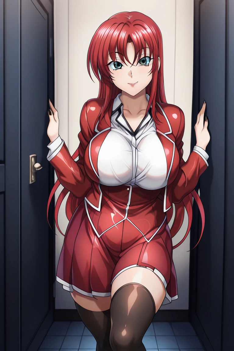 Code geass, Kallen kozuki, 1girl, (((bimbo))), blue eyes, puffy lips, painted lips, thick lips, wide hips, thick thighs, big breast, huge ass, revealing cleavage, erotic, Smile face, bubble butt, camel toe, hanging breasts, dressing room, red bunny suit, revealing cleavage, revealing clothing, 