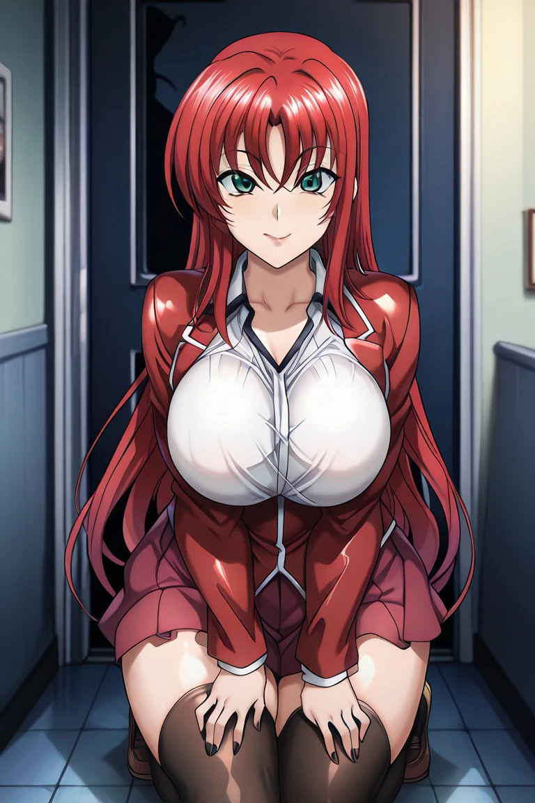 (extremely detailed CG unity 4k wallpaper),(masterpiece),(best quality),(ultra-detailed),(best illustration),(best shadow),(absurdres),(detailed background), ((tight shirt)),, Mio Naruse, 1girl, breasts, red hair, long hair, cleavage, solo, ribbon, hair ribbon, large breasts, black ribbon, indoors, blush, shirt, very long hair, collarbone, two side up, red eyes, standing, cowboy shot, hair between eyes, twintails, looking at viewer, white shirt, pajamas, parted lips, purple eyes, no pants, naked shirt