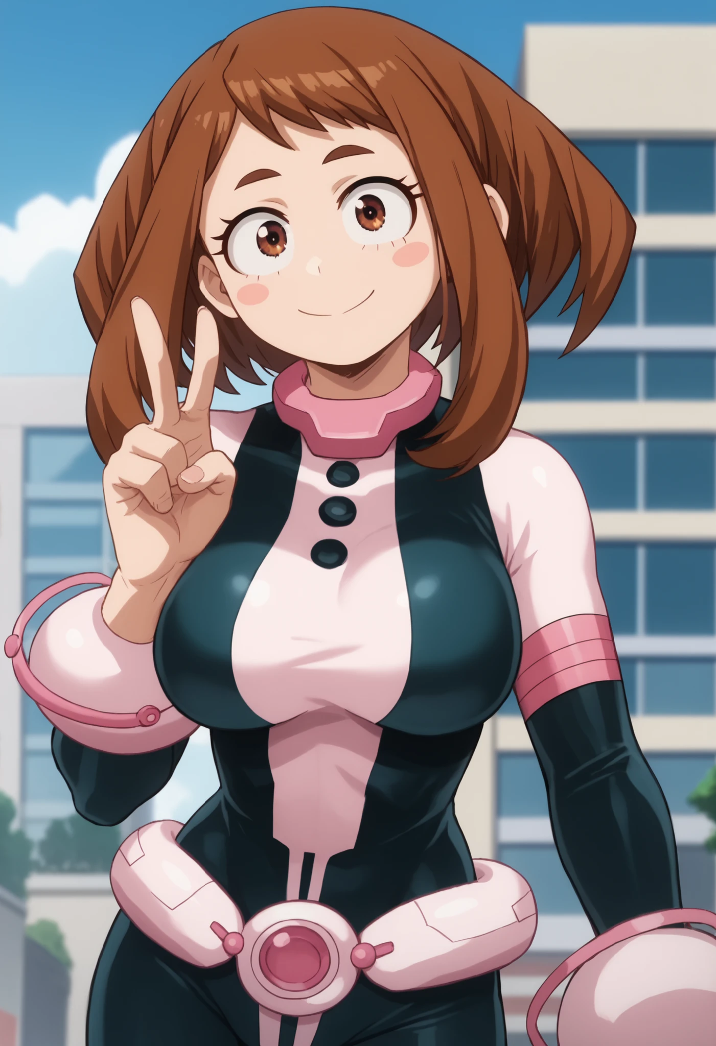 official style,anime screencap, uraraka ochako, 1girl, brown hair, brown eyes, solo, superhero, hero bodysuit, pink belt, pink wrist guards, closed mouth, contrapposto, extra large breasts, (F75), peace sign smile, blush stickers,looking at viewer, Suit extremely skin-tight, suit partially torn, looks shy, cheeks flushed with charm, Sexy style, Sexy pose, seductive look, Standing on the roof of a skyscraper, Sunny day,