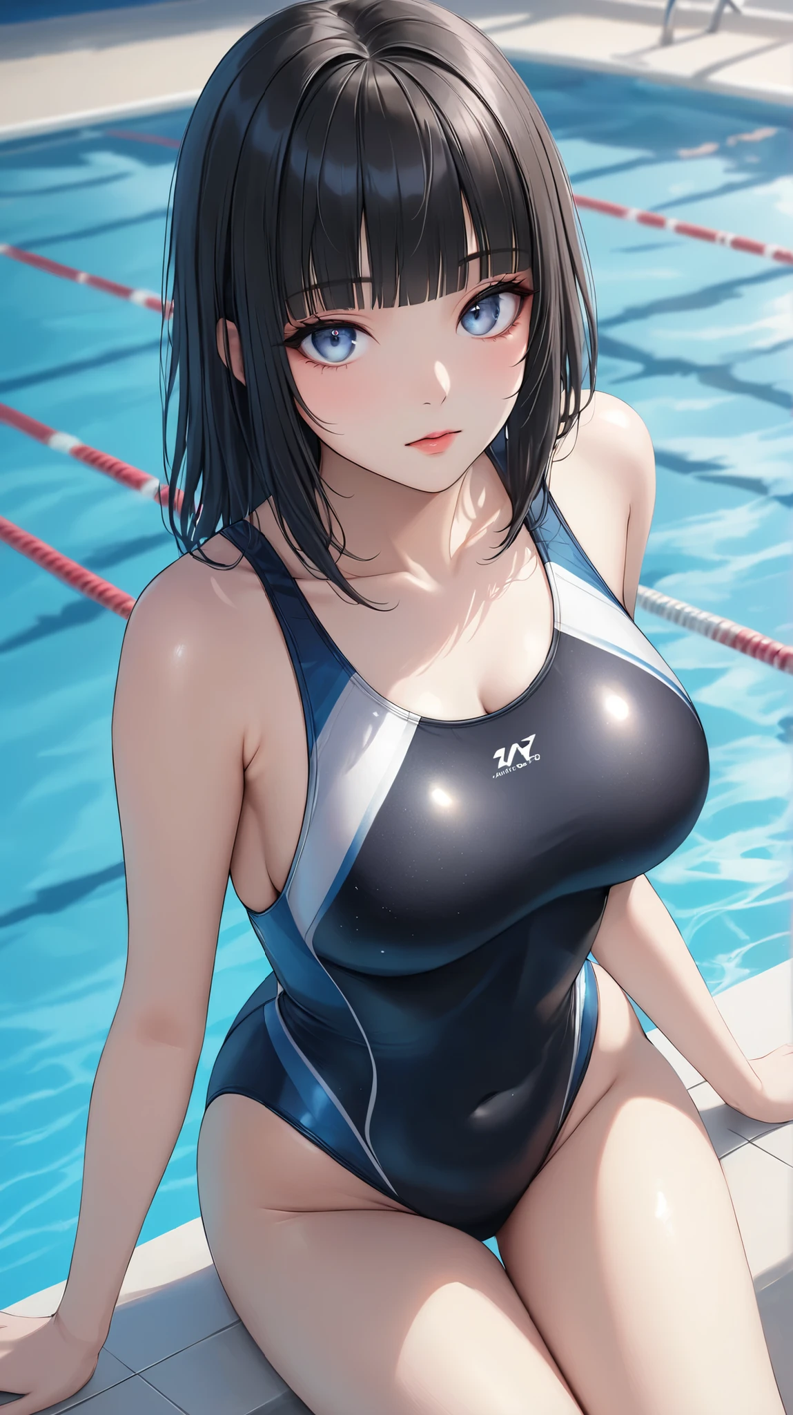 (((masterpiece))),(((High resolution)))、(((8K)))、(((perfect face)))、(((beauty of japan)))、、(((beautiful face))), ((swimsuit)), (((black competitive swimsuit))), Plump, embarrassed look, look at the camera, (thighs)、((top quality eyes)), ((detailed texture)), ((high resolution face)), ((at the pool))