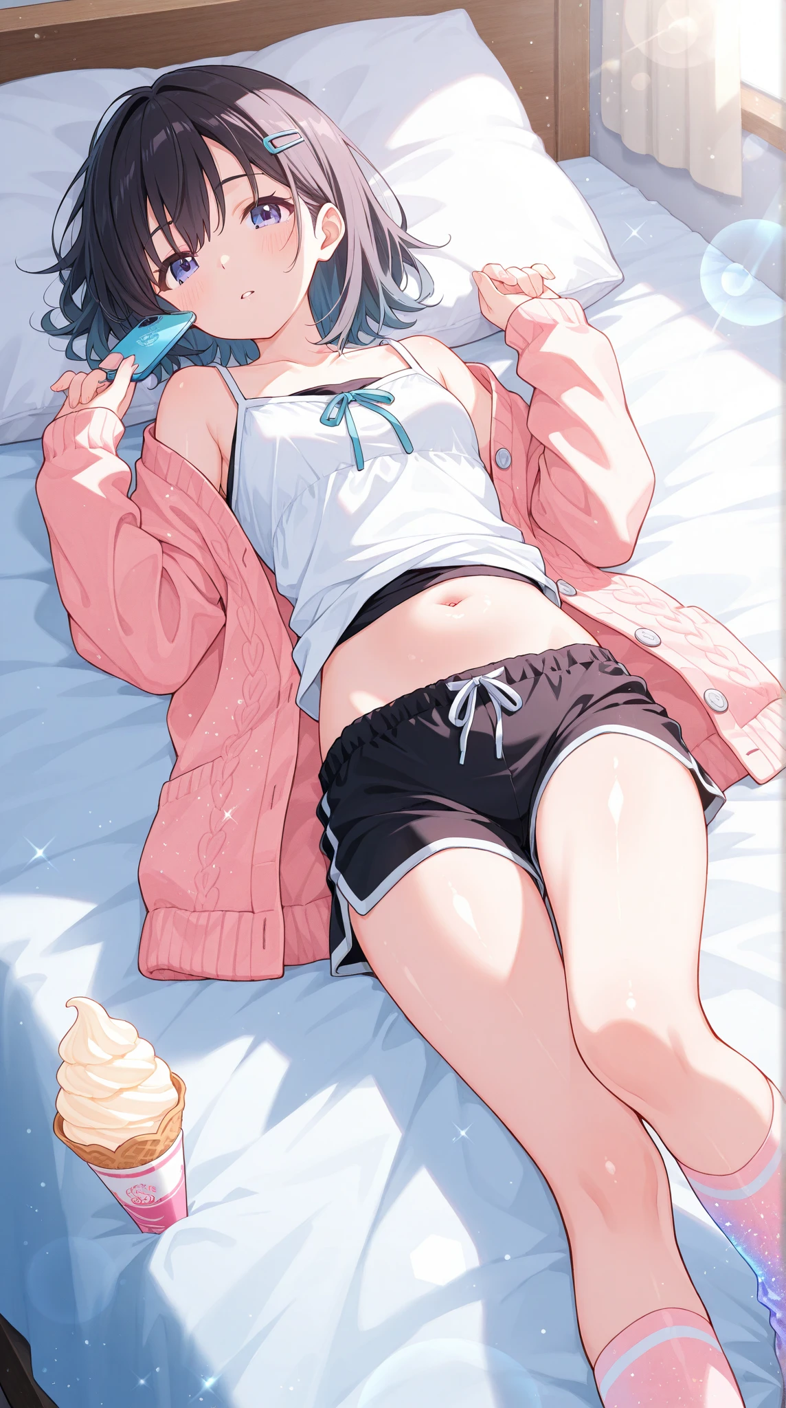 (superflat, flat shading, flat colors), bedroom, 1girl, petite, loli, child, (polka dot crop top, white panties), in a colorful bedroom, sitting on bed, wake up, stretch arms, messy hair, eyes closed, smile, wide angle, morning, bright sunlight, backlight, white, vibrant colors, watercolor