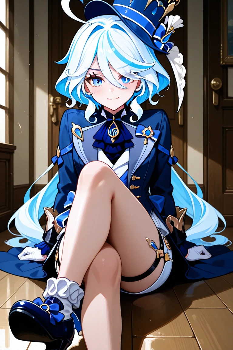 (masterpiece),best quality, expressive eyes, perfect face,w sitting, w sitting on ground, legs on ground, arms between legs, bot arms between legs,1girl,
big breast, H-cup, good breast,Focalors