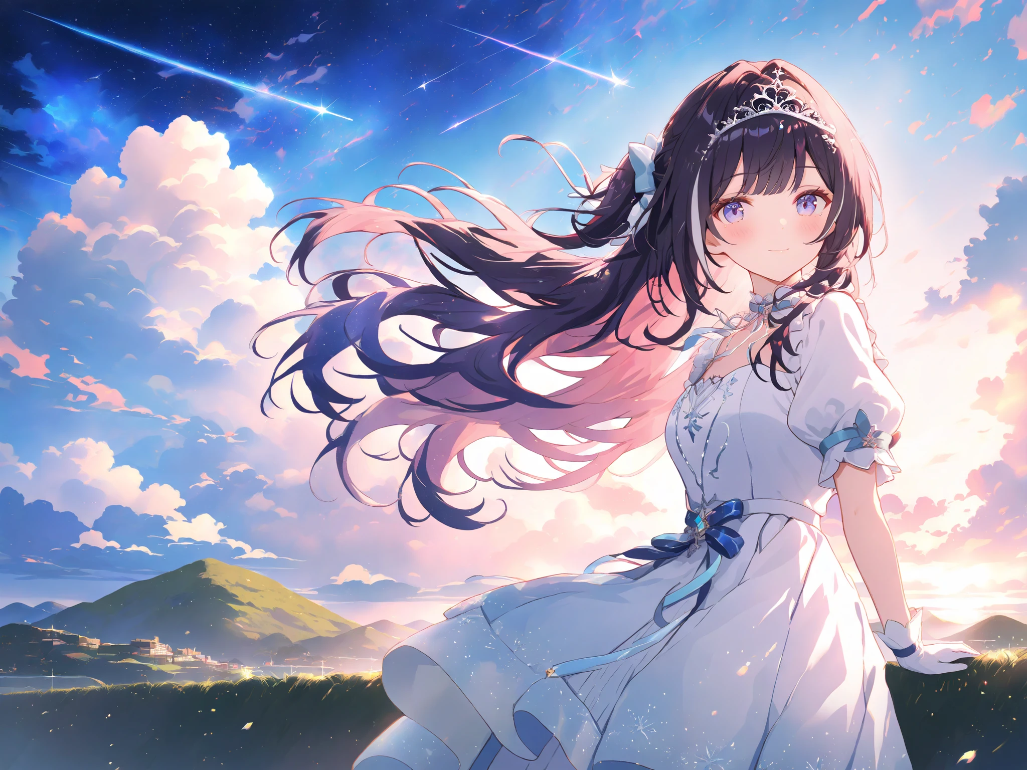 One Woman、anime、【【 shooting stArs、comet , A 、 tAil with A pAle bluish glow】】、sunset、hill、cloud、 beAutiful stArry sky 、 wind is blowing、Wide sky、AzkiDress, multicolored hair, long hair, side ponytail, tiara, hair bow, frilled choker, white dress, white jacket, white gloves, white thighhighs