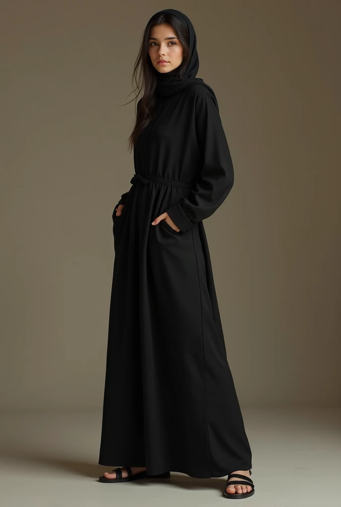 a woman with a black simple yet elegant design abaya with less lose sleeves and v neck and with some hoock button with dusty rose pink hijab without belt on bottom