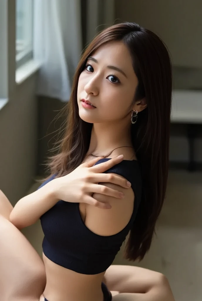 arafed asian woman in a black dress crouching down, taken with canon eos 5 d mark iv, 奈良美智, chiho, attractive pose, japanese model, gorgeous young korean woman, beautiful young korean woman, realistic young gravure idol, taken with canon 5d mk4, beautiful japanese girls face, cute elegant pose