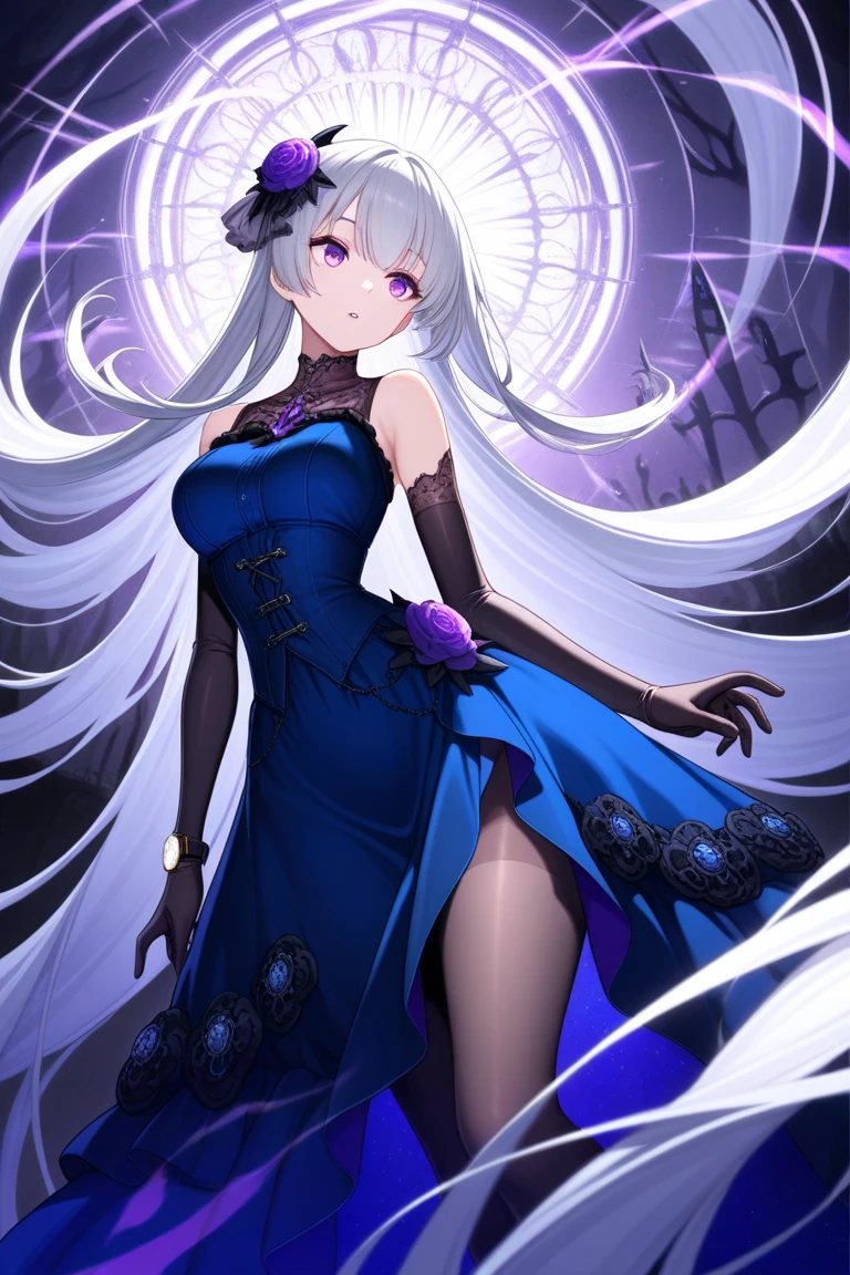 （（masterpiece：1.4，best quality）），（Super detailed），（Extremely detailed eyes），（black leggings，Shiny socks：1.5），Hello Darkness
（Cute girls），15 years old，（Blood-red pupils，Diamond-shaped pupil：1.15），Purple Eyeshadow，（elongated hair，Thick hair，Single ponytail，shiny hair：1.5）（Changes through：1.2），despair，sad，Empty eyes，tears streaming down my face，tilting its head to the side，
（She wore a blue dress，：1.5），（Black gloves：1.4）Very long plush sleeves，White，White Cloud，Dream bubbles ，Ice and glitter effects
（Black long skirt：1.1），
（（Starry Sky：1.2）），
（Intense black and white：1.16），（Depth of Field：1.4），，Intricate details，(((Detailed background，Castle in the Sky，Purple flowers by the lake)))，(((Huge breasts，Bare breasts，Deep cleavage，White stiletto high heels)))