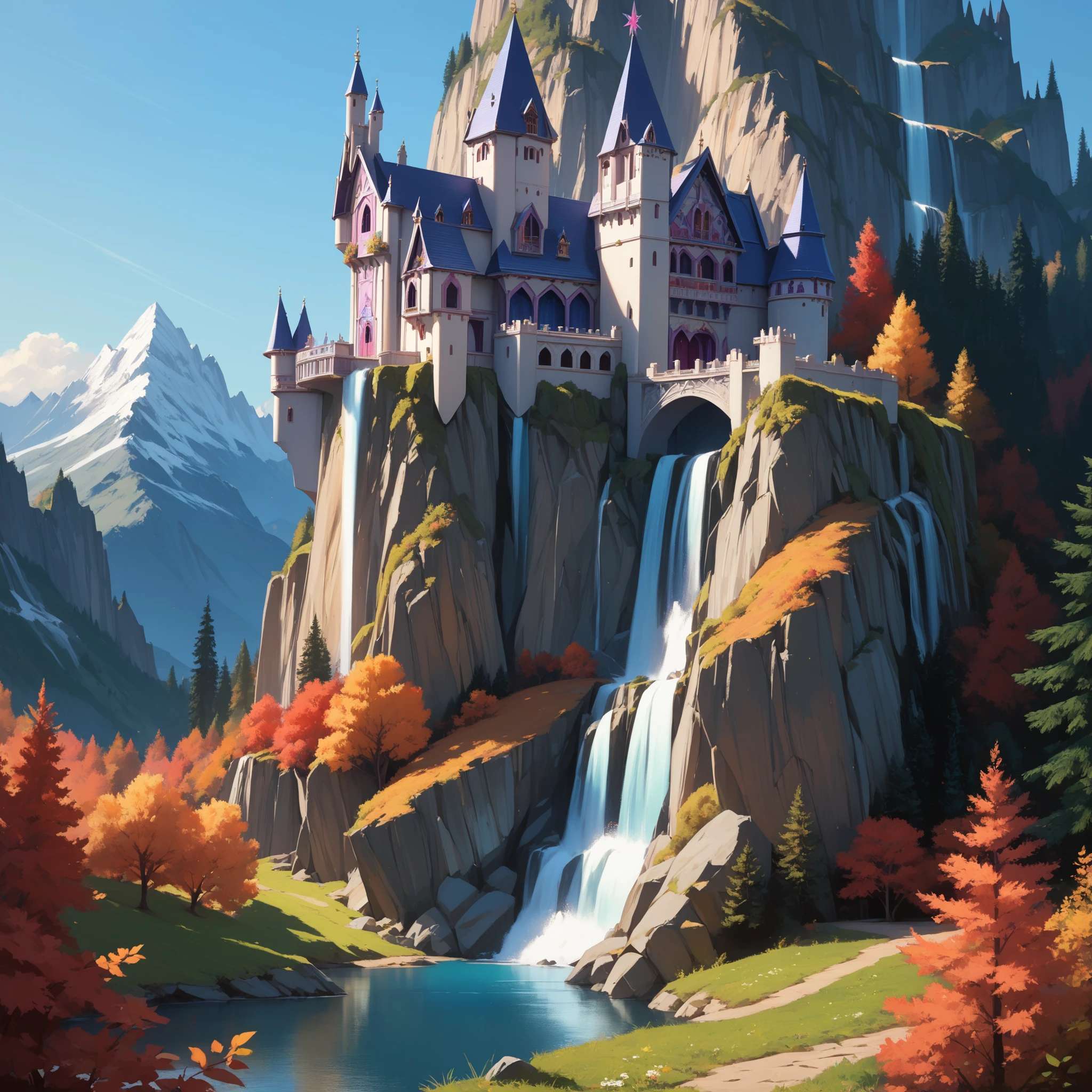close-up of a lone beautiful castle, landscape of nature, forest, detailed mountains, (cold autumn evening:1), twilight, lake foreground, crystal clear water, 8k, 16k, lone waterfall, highly Detailed, clear sky, fogless, masterpiece, Panorama, wide shot, close-up, outdoor, highres, absurdres, png, lossless,