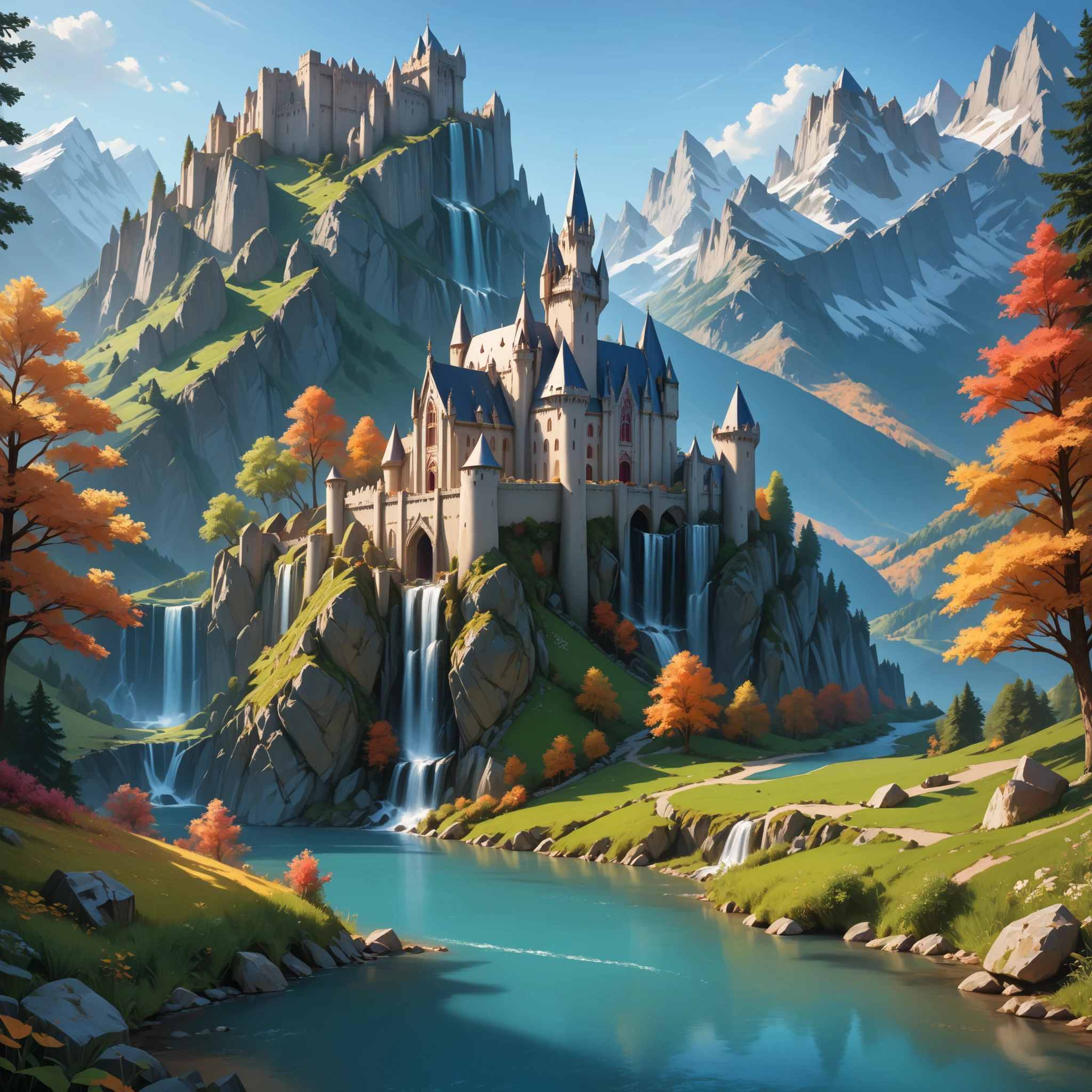 close-up of a lone beautiful castle, landscape of nature, forest, detailed mountains, (cold autumn evening:1), twilight, lake foreground, crystal clear water, 8k, 16k, lone waterfall, highly Detailed, clear sky, fogless, masterpiece, Panorama, wide shot, close-up, outdoor, highres, absurdres, png, lossless,