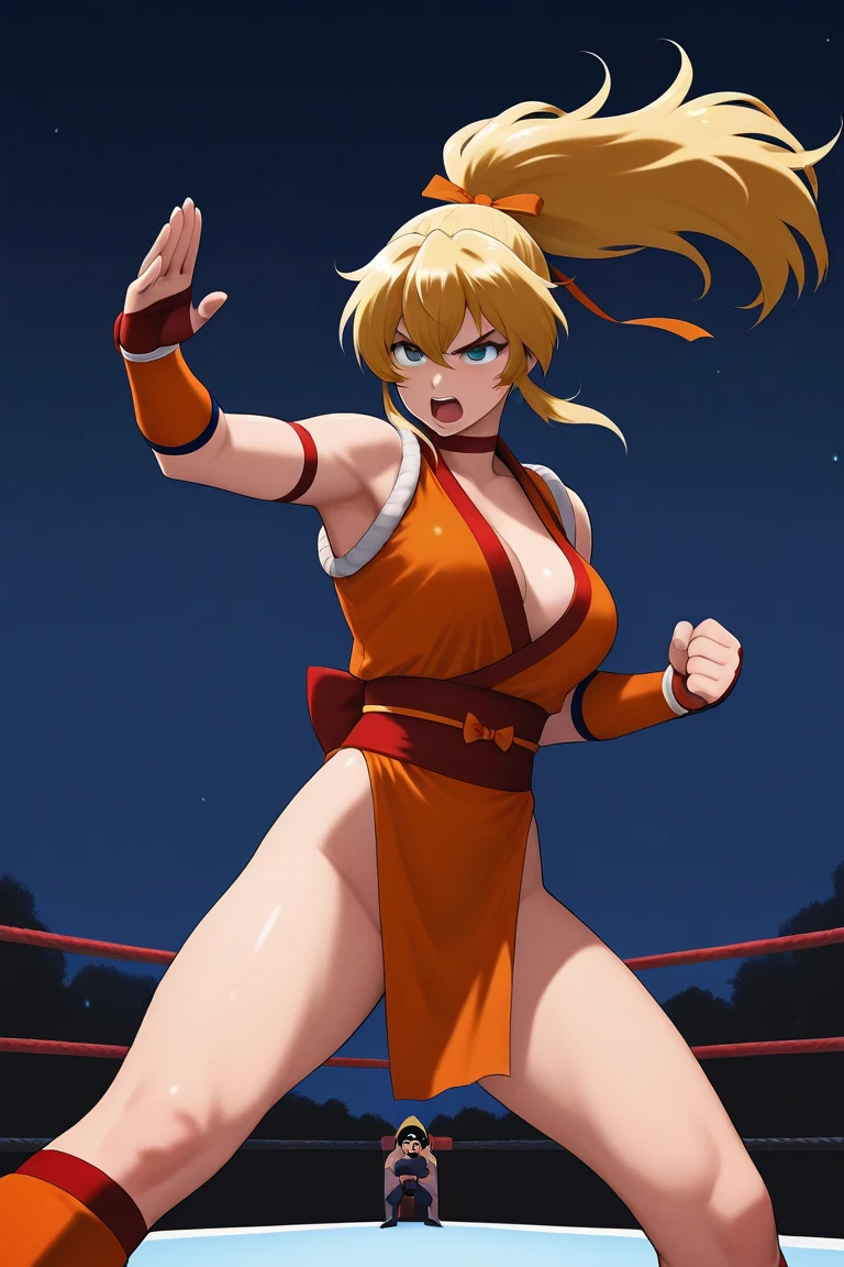 ((Mai Shiranui)), perfect body, perfect breast, bombshell body, This image features Mai Shiranui, a well-known character from the King of Fighters and Fatal Fury video game series. Mai is depicted in a provocative pose, turning to her right while looking over her shoulder with a confident and teasing expression. Her outfit consists of a red, sleeveless kunoichi (female ninja) garment with a plunging neckline and high-cut sides, exposing her legs and emphasizing her curvy figure. She wears a white belt around her waist, white armbands, and red wristbands. Her long brown hair is tied into a high ponytail with a white ribbon, perfect, detailed, in kinu-sensei artstyle, perfection