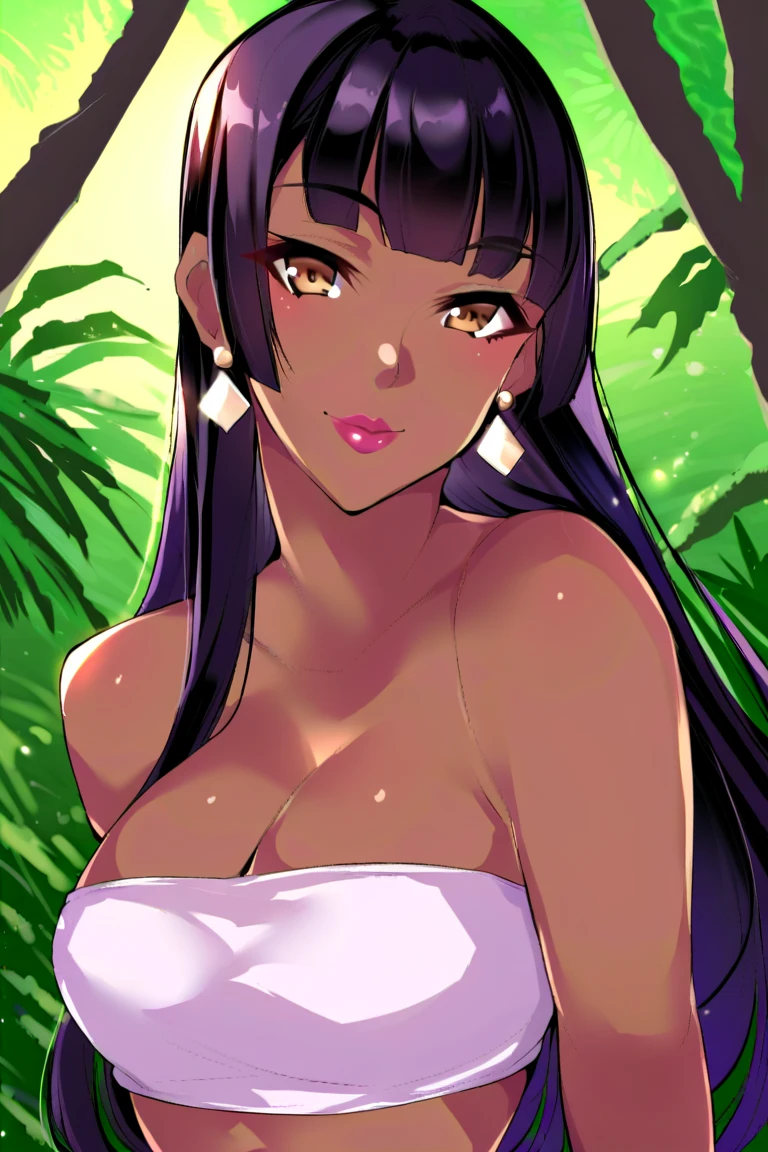 (masterpiece), best quality, expressive eyes, holding a wine glass, standing, cute girl, garden background, perfect face, black ebony skin, half naked, large open neckline, perfect shaped body, long hair, black hair, orange eyes, large breast, big breasts, black skin, ultra realistic detailed orange eyes, long and open hair, looking at camera, innocent eyes, innocent face, very cute anime girl face, black skin anime girl, cute smile on her face, flower necklace on her head, wearing flower bracelets on her hand, thigh legs