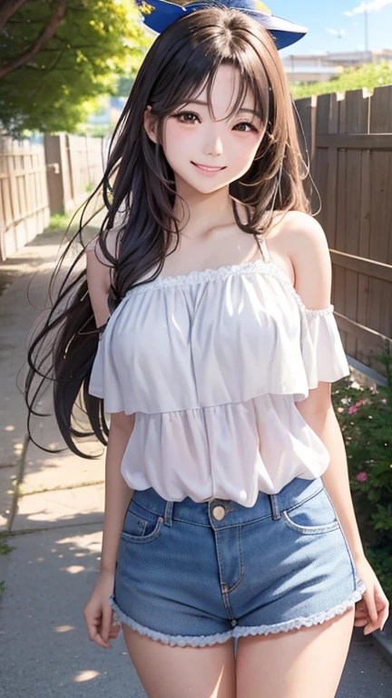 (masterpiece, best quality, ultra-detailed, 8k, wallpaper, photorealistic), (wide shot), beautiful girl, voluptuous body, perfect hands, (hmjy1), long straight hair, (blunt bangs), red eyes, psycho smile, excited smile, open mouth, erotic face, red face, bloodthirsty smile, (wear High-Waisted Denim Shorts, Crop Top), Espadrille Wedges, Layered Necklaces, Crossbody Bag, Sunglasses on her head