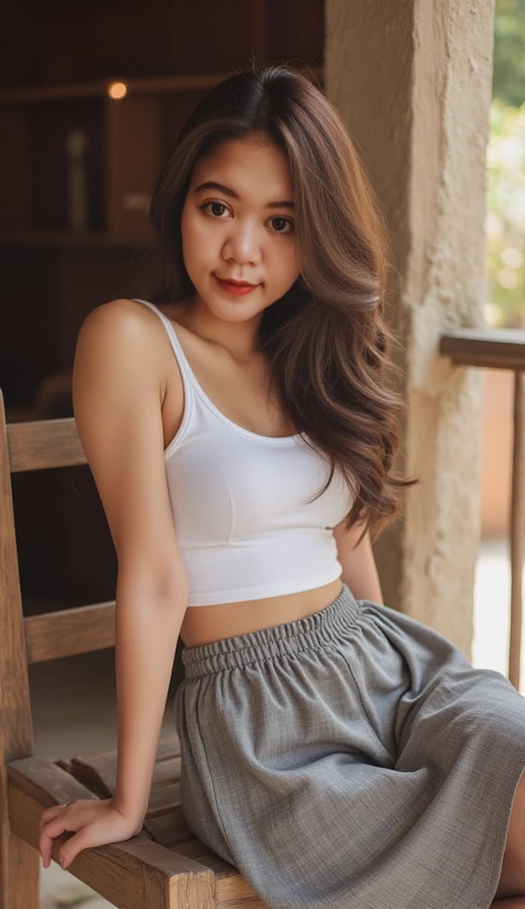 (Masterpiece, realistic, ultra realistic, ultra realistic, hyper realistic, super detailed) (Face: round face, long straight black hair, small black eyes, small round nose, red lips), (Body: skinny body, white skin, wide hips, c cup breast), (Clothing: blue blouse, short brown skinny, white tennis shoes), (Background: backyard, grass, (Pose: facing the camera, hand on chin, smiling).