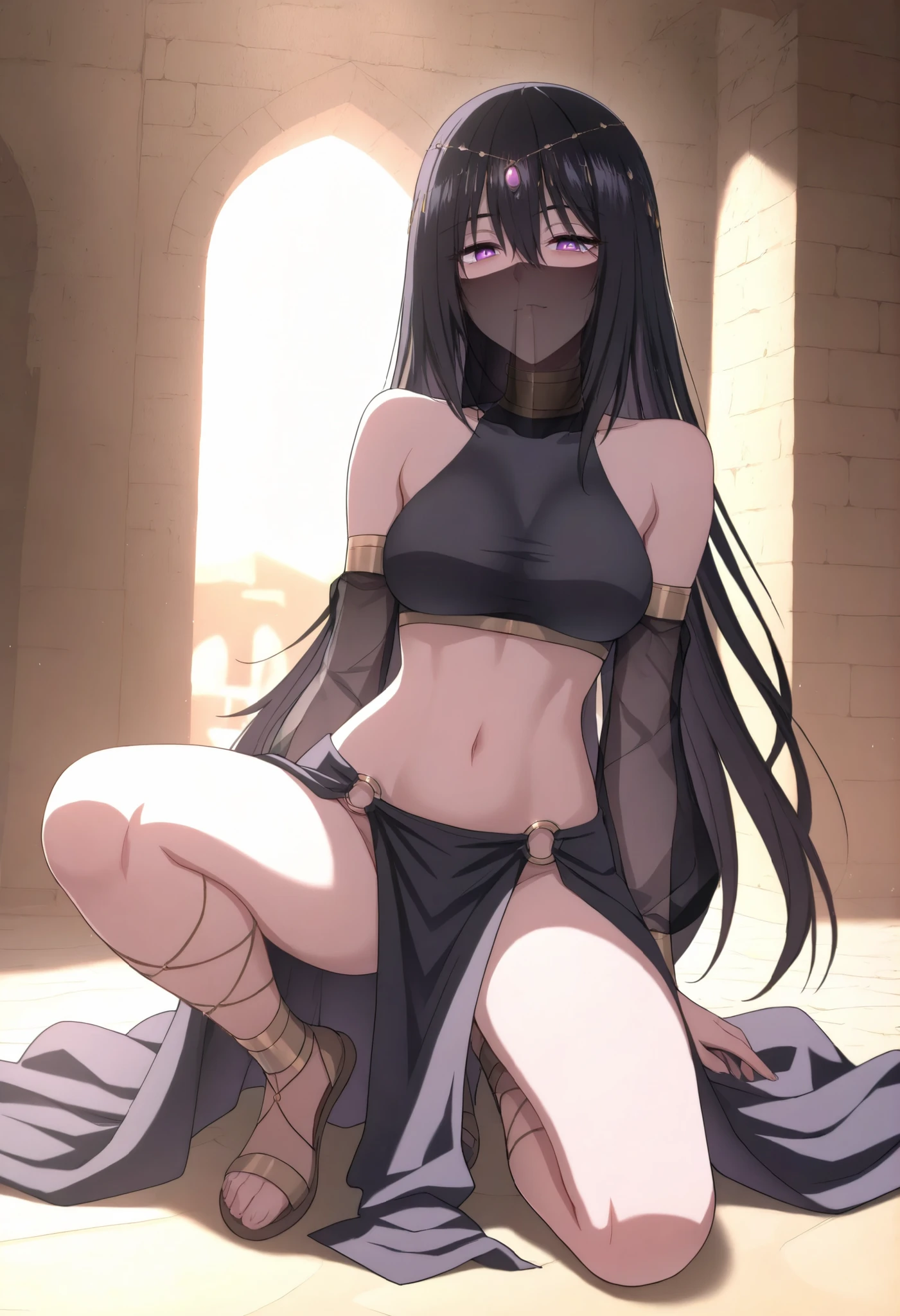 masterpiece, best quality:1.2), amazing quality, very aesthetic, 32k, soft lighting, absurdres, extremely beautiful, newest, scenery, extra details, (sharp detailed:1.2),1girl, solo,long hair, black hair, purple eyes, hair between eyes veil, mouth veil, circlet, arabian clothes, gold choker, turtleneck, covered collarbone, bare shoulders, black crop top, detached sleeves, see-through sleeves, midriff, navel, o-ring, waist cape, pelvic curtain gladiator sandals