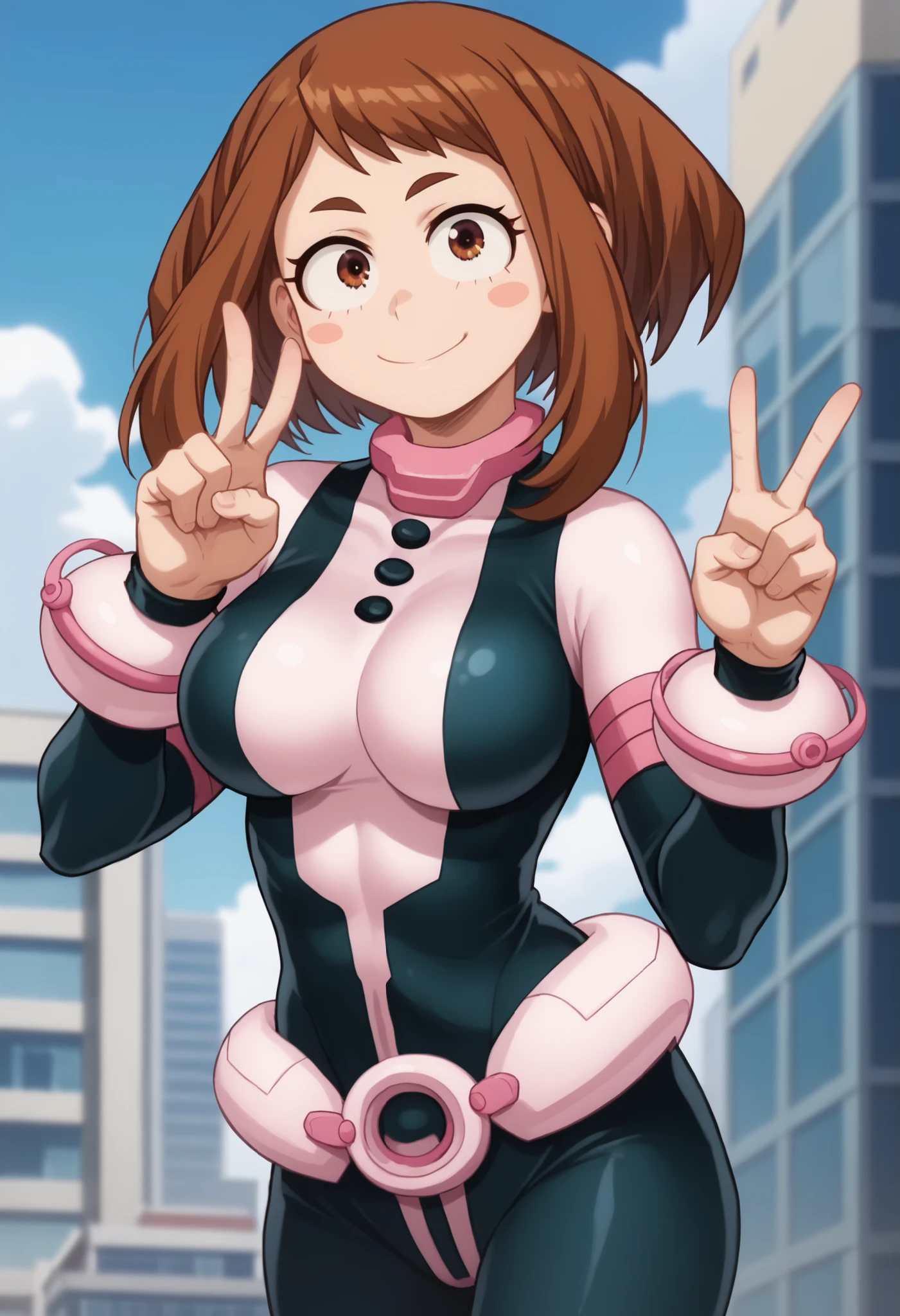official style,anime screencap, uraraka ochako, 1girl, brown hair, brown eyes, solo, superhero, hero bodysuit, pink belt, pink wrist guards, closed mouth, contrapposto, extra large breasts, (F75), peace sign smile, blush stickers,looking at viewer, Suit extremely skin-tight, suit partially torn, looks shy, cheeks flushed with charm, Sexy style, Sexy pose, seductive look, Standing on the roof of a skyscraper, Sunny day,