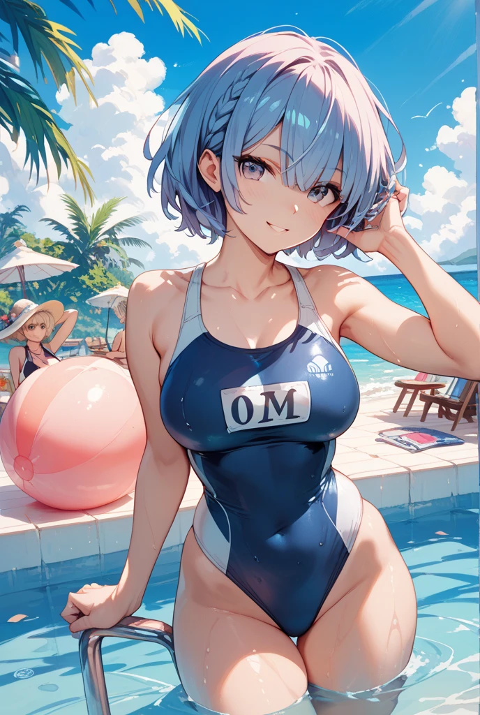 1girl, light blue hair, blue hair, very short hair, one eye closed, purple eyes, large breasts, thick thighs, hourglass figure, cute face, light smile, beach, one-piece swimsuit, ((competition swimsuit)), blue one-piece swimsuit, rabbit ears, ((animal ear fluff)), bunny ears, rabbit tail, bunny tail, bare legs
