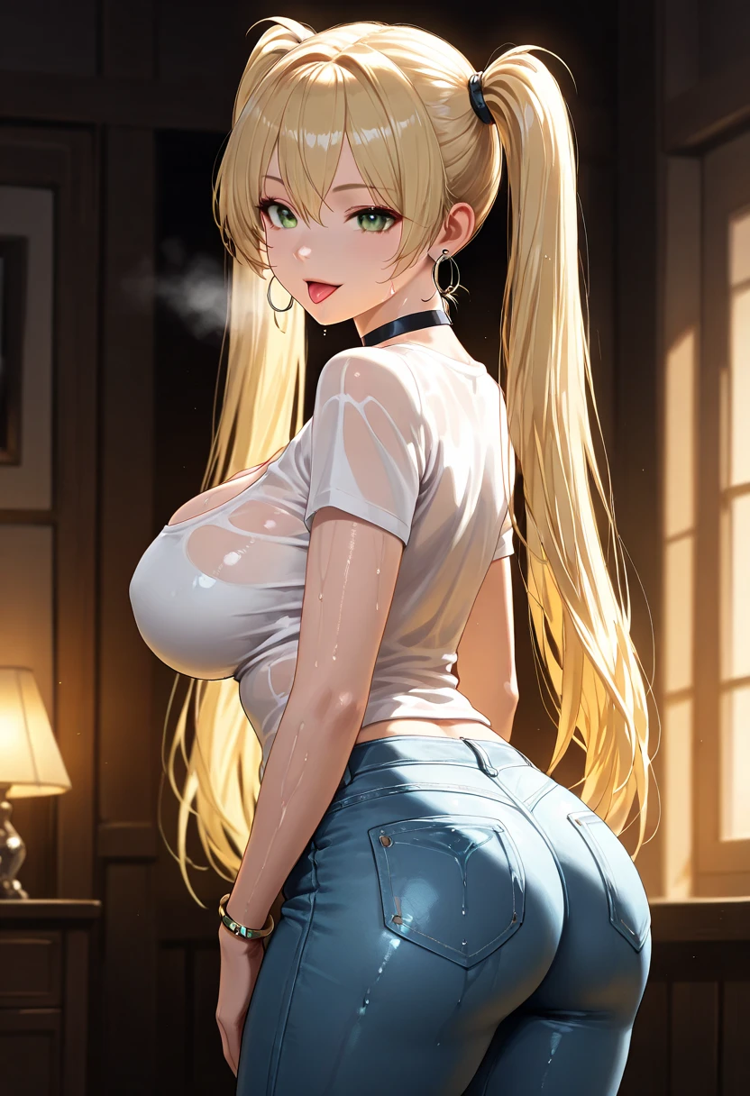 (( ภาพstraight face )) ((best quality)), ((Masterpiece)), (details), Young woman ,cat ears ,yellow hair , beautiful girl hair , according to green , Hot outfit, jeans skirt , bright , , Big butt, straiface , Don't turn your head., sexy, outpost