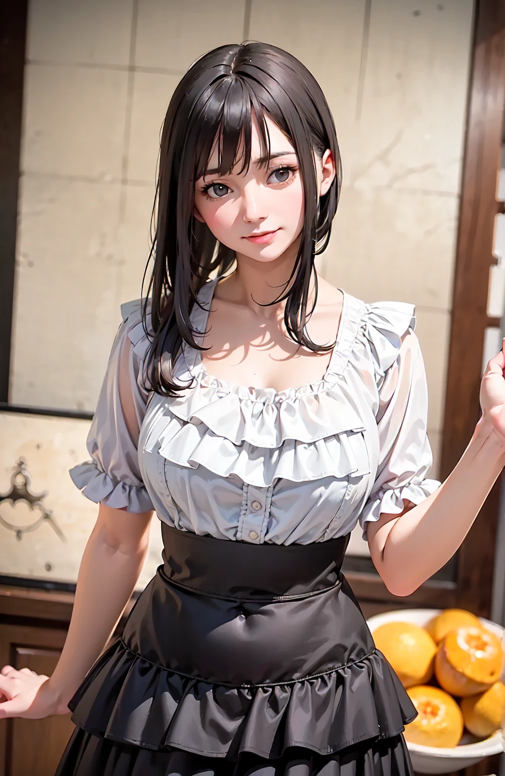 (8k, RAW photo, best quality, masterpiece:1.2), High detail RAW color photo, professional photograph, (realistic, photo realistic:1.37), (best quality:1.2), cinematic light, (finerly detailed face:1.2), (masterpiece:1.5), 1girl, solo, cowboy shot, waist, black hair, black eyes, upper body:1.2, huge breast, smile
BREAK
bokeh photography, (soft focus):1.2, out-of-focus highlights, dreamy ambiance, glowing circles, mesmerizing depth
BREAK
(Frilled Blouse, Tiered Skirt, In bright citrus colors, Sheer paneling:1.6)