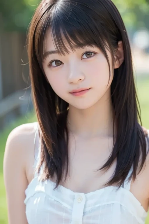 (RAW Photos, highest quality), (Realistic, Photorealistic:1.3), Tabletop, Very delicate and beautiful, Soft Light, (Brown Hair, Long wavy hair swaying in the wind, Asymmetrical bangs), Beautiful detailed girl, (Detailed fingers), Highly detailed eyes and face, Beautifully detailed nose, Beautiful fine details, 1 girl, Japanese, Pure beauty, cute, young, smile, Naked beautiful girl、Small breasts、Flat Chest、Small nipples、Beautiful nipples、Small areola、Heterochromia iridis、Realistic face, Realistic body, Outdoor