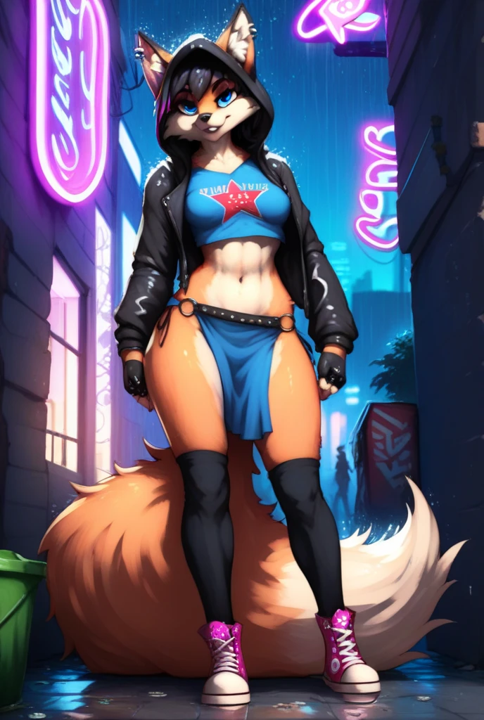 uploaded on e621, (by Wildering, by Koul, by fluff-kevlar, by aycee), solo, female wolf, wolf ears, neck tuft, hip tuft, leg tuft, wolf tail, ((black sclera, green eyes)), cyberpunk clothing, ((full-body portrait)), (masterpiece), (best quality), (anthro furry:1.3, snout:1.2, anthro:1.3, furry:1.2, solo female:1.2), (thick figure, curvy figure), (wide hips), (extremely thick thighs), (medium breasts, perky breasts), (sexy pose, suggestive pose), (((black spirals on body, red fur))) BREAK (((digitigrade feet, long black hair))), (city night background, depth of field, ambient light on the body), (intricate:0.7), (high detail:1.3), (unreal engine:1.3), (sharp focus:1.15), (masterpiece, best quality, 4k, 2k, shaded, absurd res)