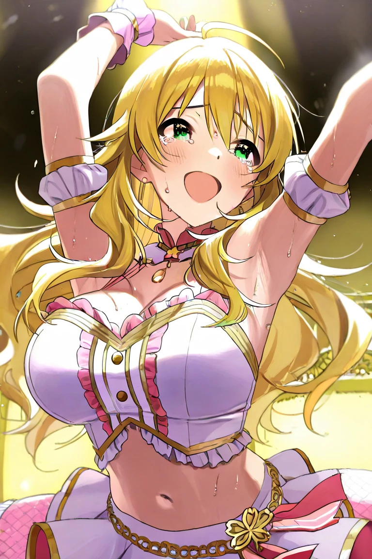 KAGAMINE RIN, long HAIR, BOW, blonde hair., large breasts,, Live Stage, solo, (Sweating profusely, Love juice, Wet Woman, female ejaculation), nsfw, naked, Peeing, lactation, projectile lactation