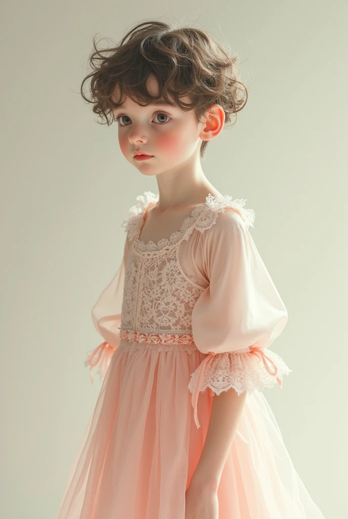 Create a boy with short blond hair, androgynous face and body wearing a pink floral dress with thin straps, wedge sandals on his feet, sitting on a pink sofa with a sad face