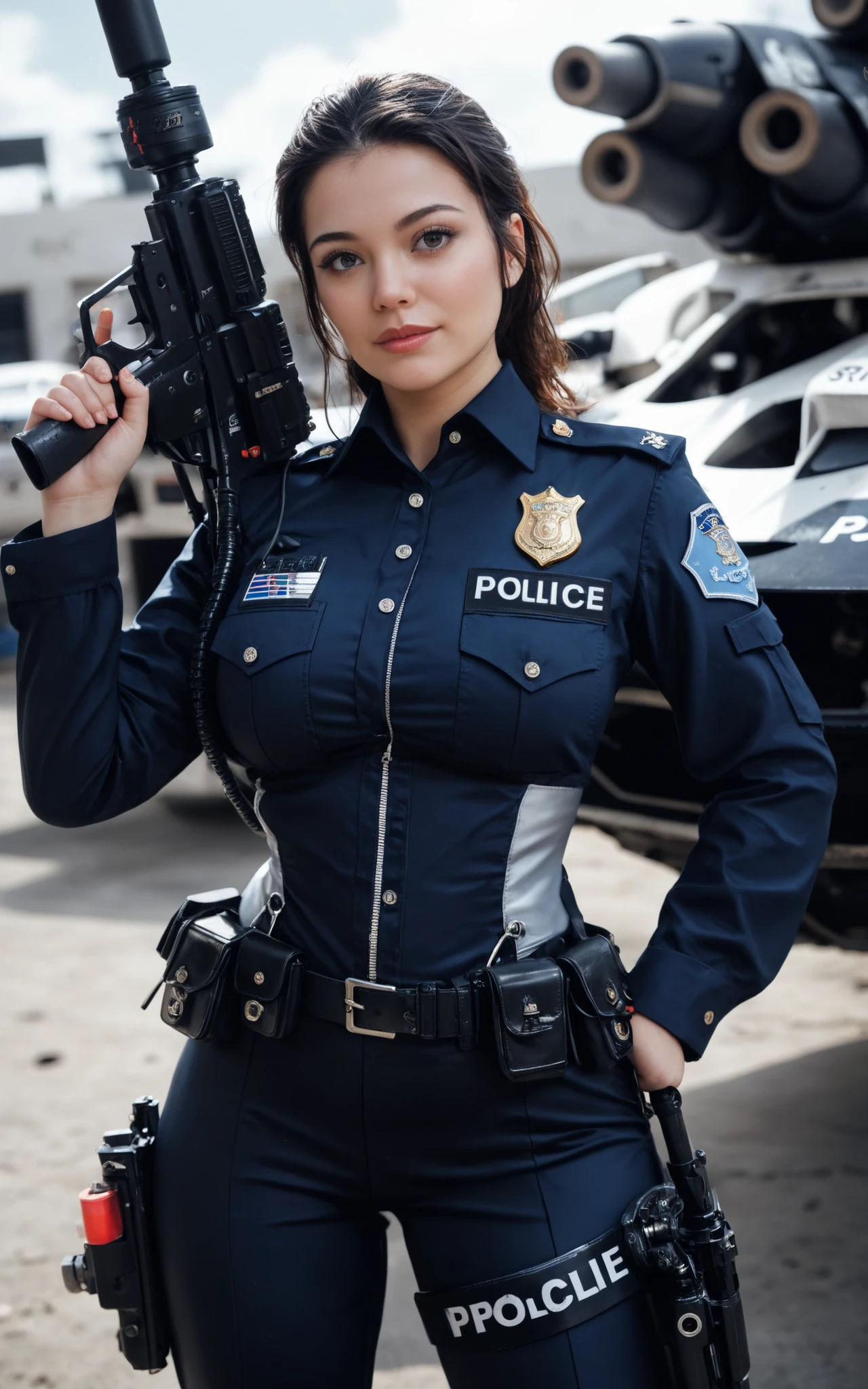 (Highest image quality, outstanding details, ultra-high resolution, realism), highly condensed 1 beautiful girl, with a delicate and beautiful face, ((cowboy shot)), (perfect proportion, a bit chubby:0.4), (wearing black racing suit likes police uniform, black and grey mecha, wearing military harness, holding a machinegun), background simple grey concrete,
