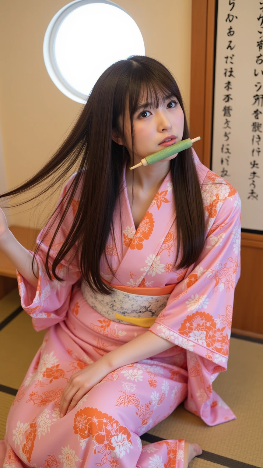 最high quality、high quality、Best image quality、8K、最High resolution、High resolution、最high quality、masterpiece、RAW Photos、Full body photo、Detailed and realistic human body、Detailed and realistic skin、Realistic face in every detail、Realistic fingers in every detail、(Perfect and beautiful hands、thumb１reference４)、((Beautiful Japanese Woman))、(Holding a sausage)、((60 year old beautiful mature woman))、(Strings are being pulled from the ends of sausages.)、(Transparent thread coming out of the end of the sausage)、((Licking a sausage))、(Slim and perfect figure)、(Drooling from the mouth)、((Colorful(Flower pattern kimono))、((Pulling a thread from the mouth))、((Lying on a futon))、