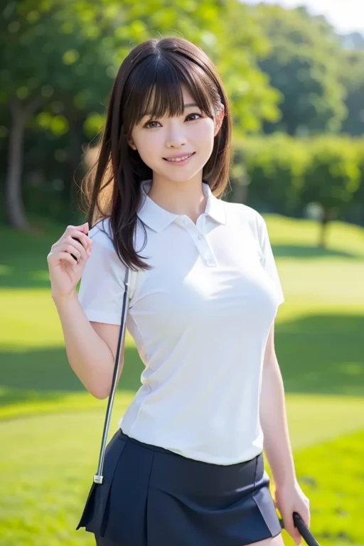 8K、Realistic、A detailed face、Detailed mouth、A detailed eye、large full breasts:1.8、wetted skin、Sitting with your knees upright、Physical education sitting、A smile、shot from front, (Huge breasts), (Smile:1.15)、Tight T-shirt、Wearing golf wear、skirt by the、Visible cleavage、